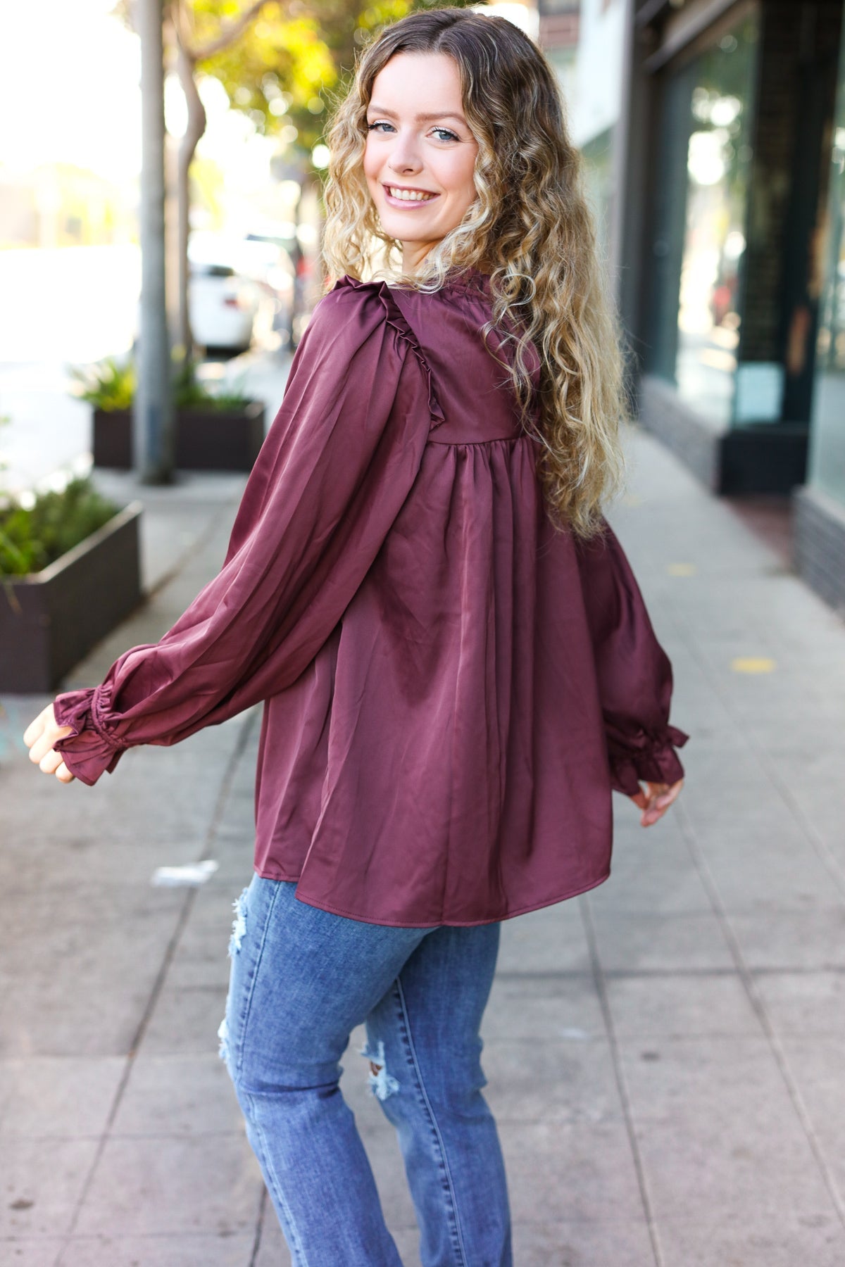 Stylish Wine Satin Shirred Yoke Frilled Mock Neck Top for Women | Elegant Blouse for Date Night, Parties & Special Occasions