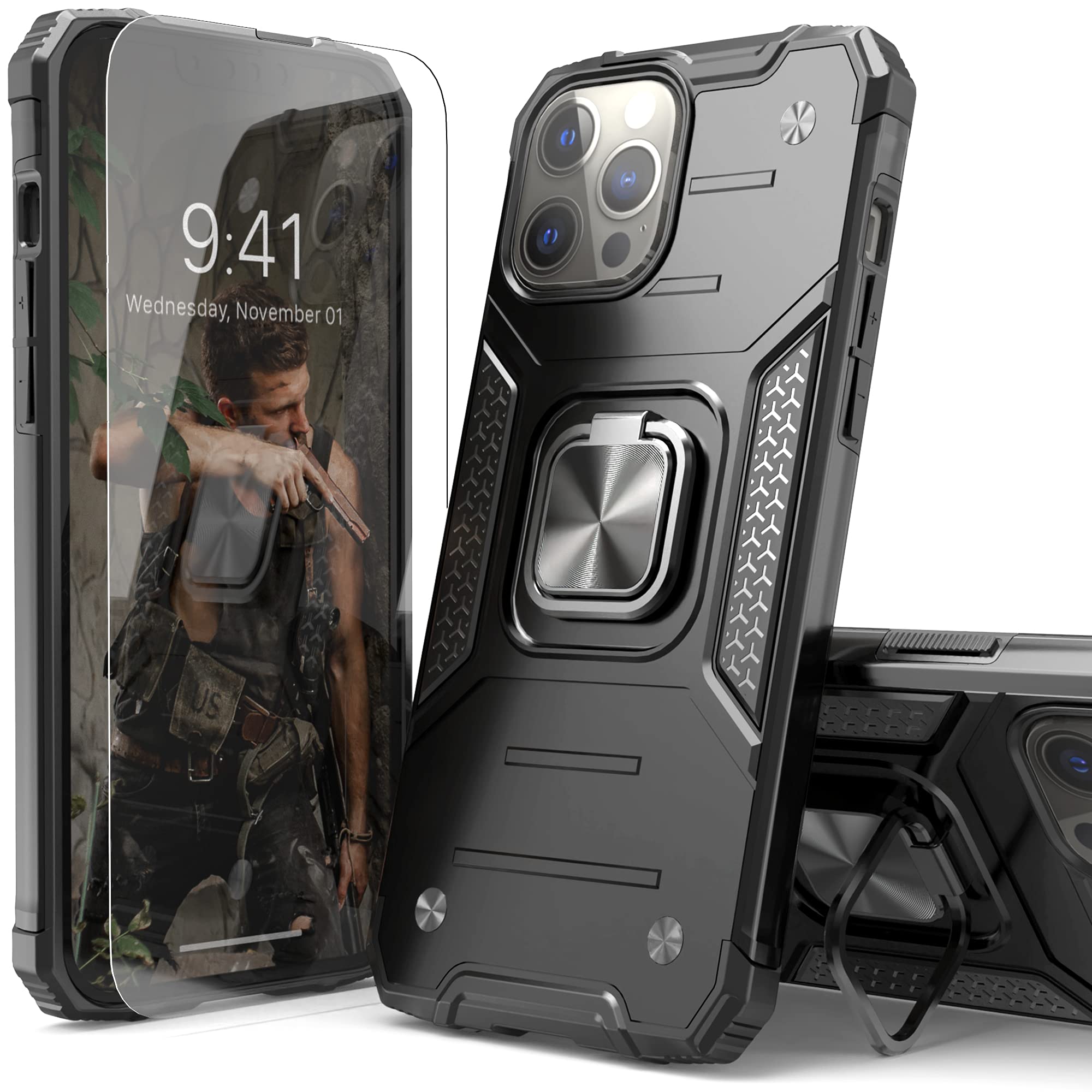 Shockproof Heavy Duty iPhone 13 Pro Max Case with Screen Protector - Slim Protective Cover with Built-in Kickstand & Car Mount Holder | Drop Tested, Lightweight Durable Phone Case for iPhone 13 Pro Max (Black) - Perfect for Outdoor Activities, Travel & Daily Protection