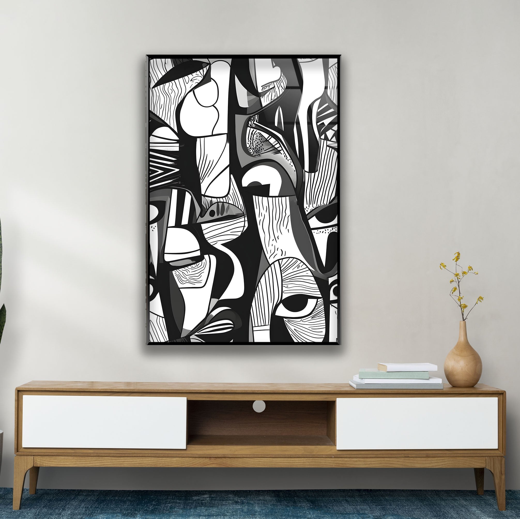 Abstract White & Blue Glass Wall Art - Modern Home Decor for Living Room, Bedroom & Office - Handmade Glass Artwork for Stylish Interior Design