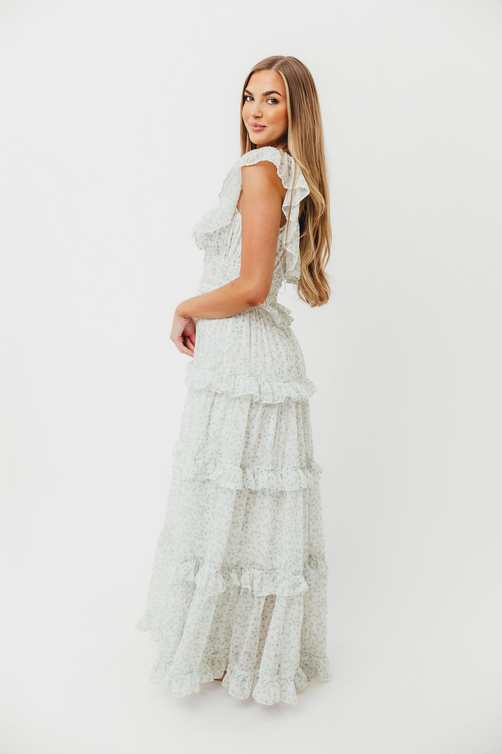 Astrid Ruffle Detail Maxi Dress in Sage Floral - Bump Friendly Maternity Dress for Pregnancy, Nursing & Special Occasions | Perfect for Baby Showers, Weddings & Summer Vacations