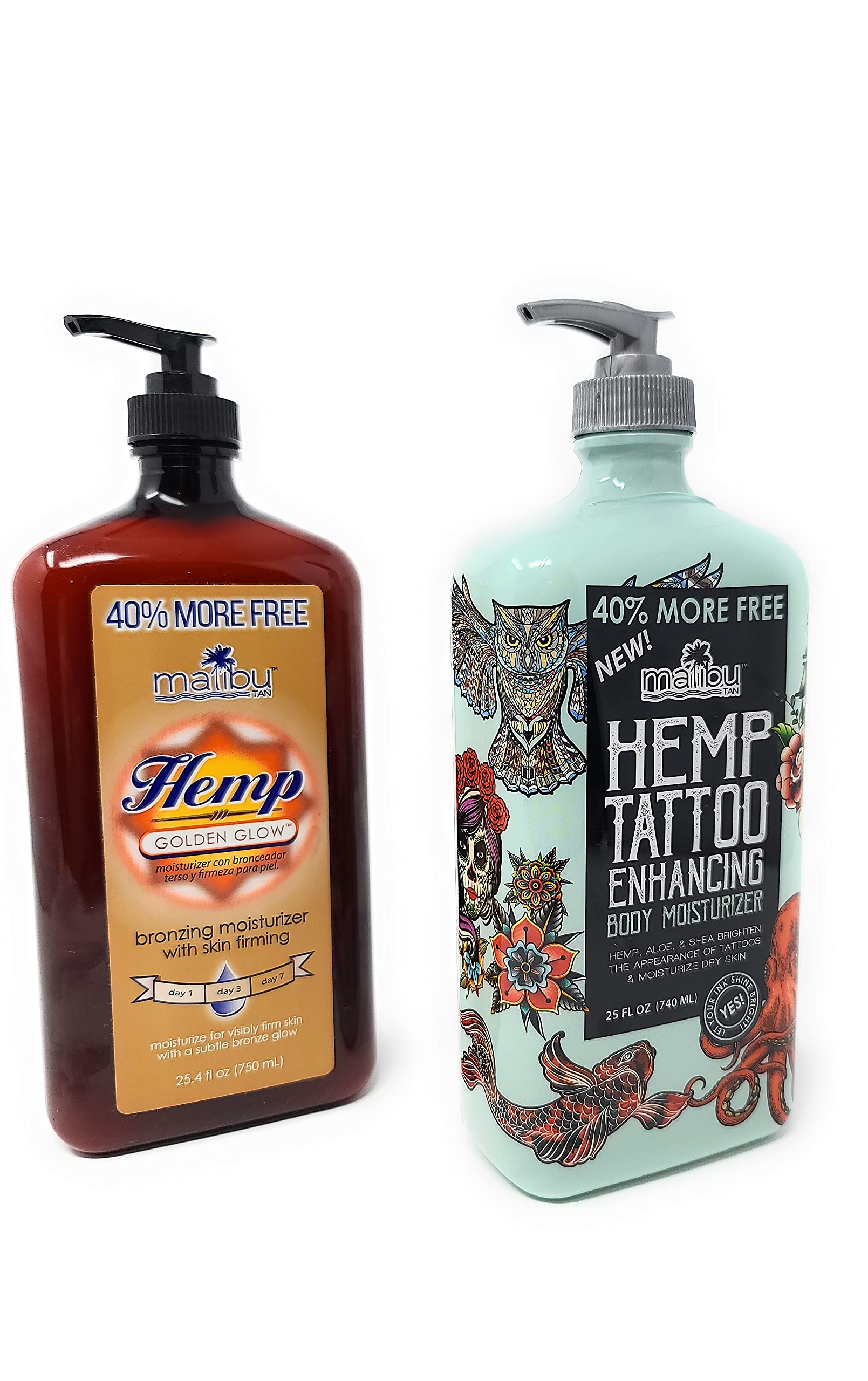 Malibu Hemp Tattoo Enhancing Body Moisturizer 25oz & Golden Glow Lotion 25.4oz Bundle - 40% Extra Free - Hydrating Skincare for Tattoo Care & Sun-Kissed Glow - Perfect for Post-Tattoo Healing & Summer Skin Radiance