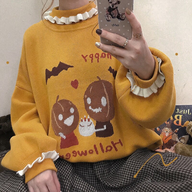 Halloween Sweaters for Women - Cute Pumpkin Pattern Turtleneck Pullover with Lantern Sleeves | Kawaii Autumn Loose Sweater | Perfect for Halloween Parties, Fall Outfits & Cozy Seasonal Fashion