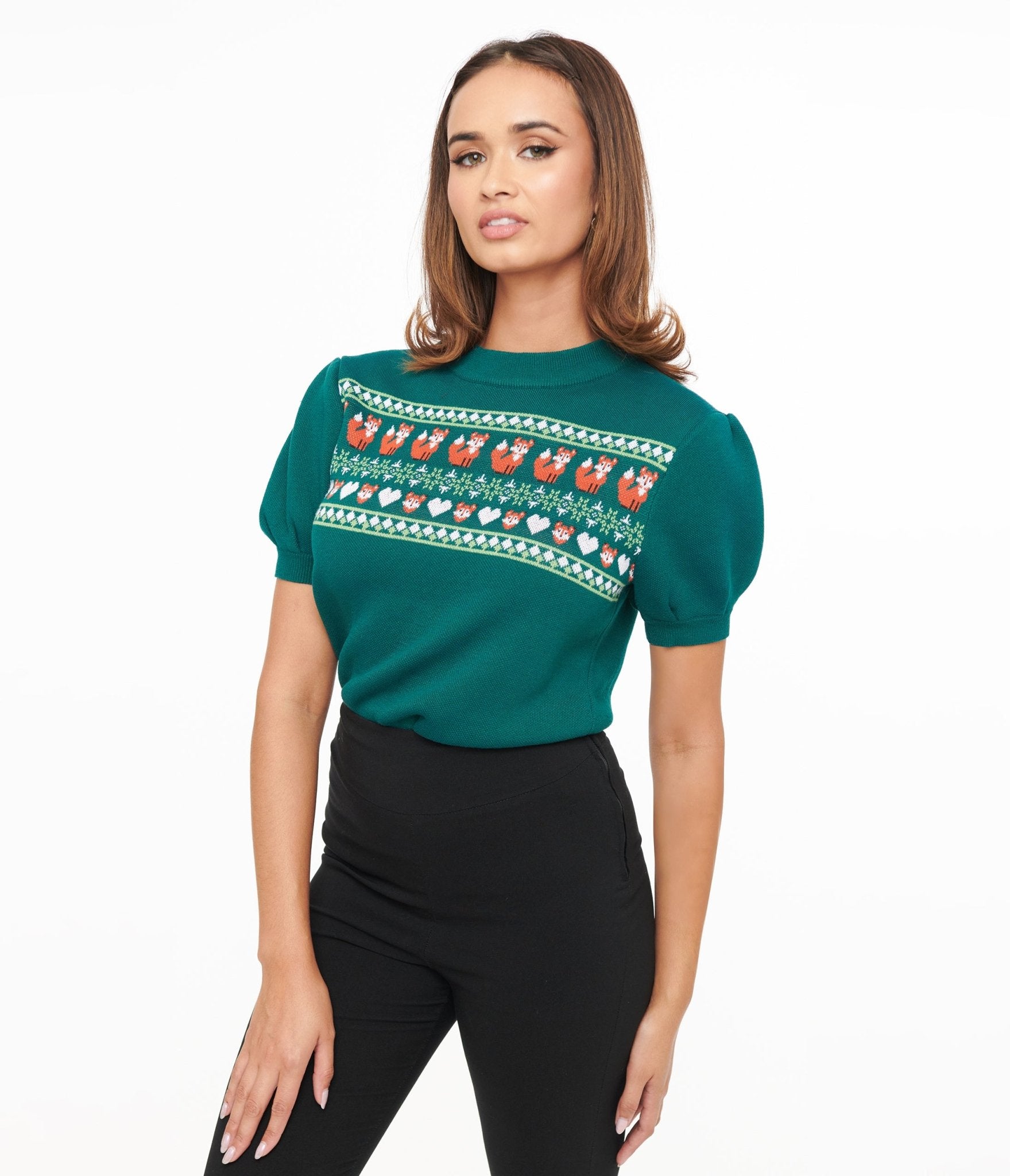 Vintage Green Fox Fair Isle Paige Sweater for Women - Cozy Winter Knit Pullover - Perfect for Christmas, Holiday Parties & Casual Outfits