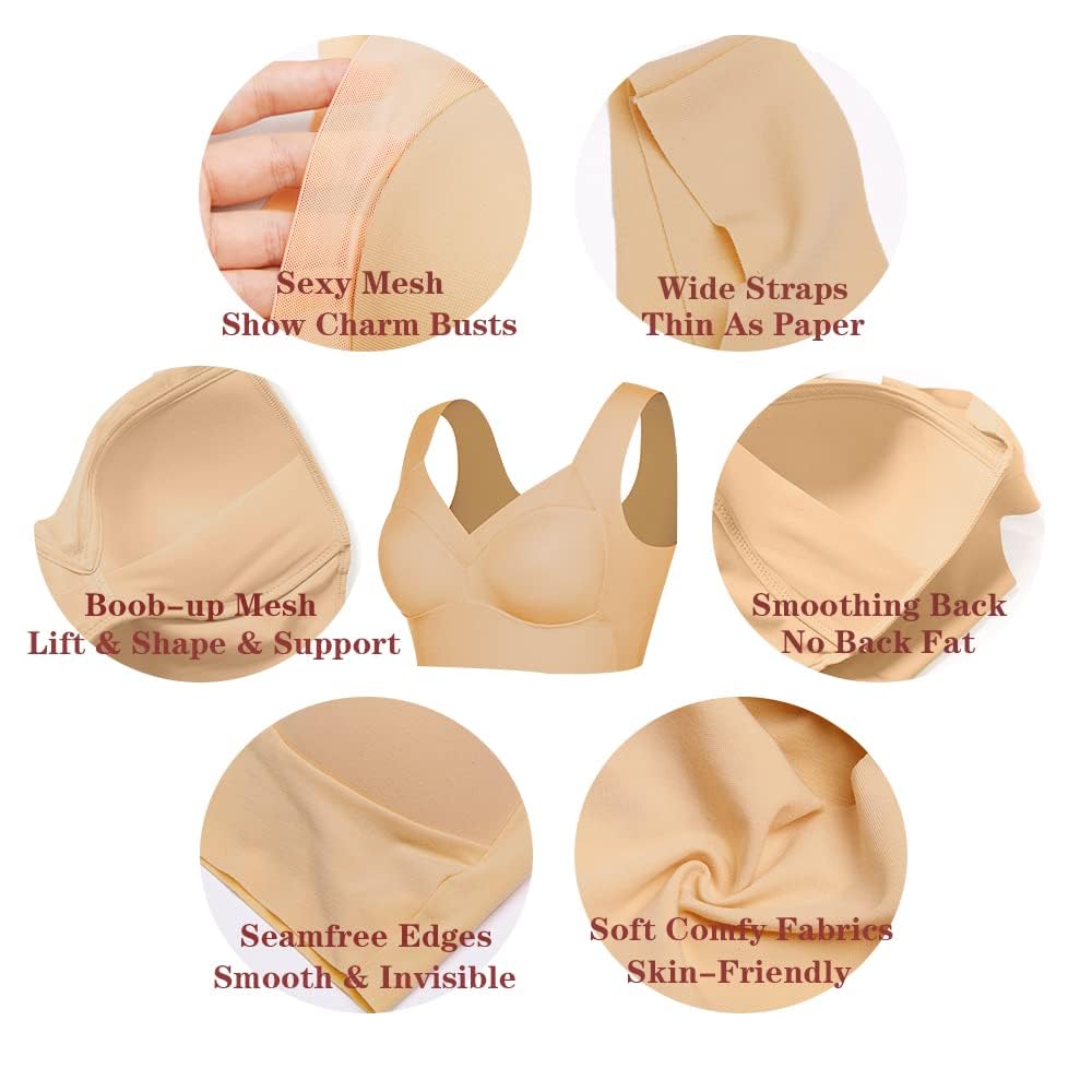 WOWENY Wireless Comfort Bras for Women - Seamless Soft Padded Mesh Underwire-Free Bra with Smoothing Back Support | Perfect for Yoga, Workout & Everyday Wear