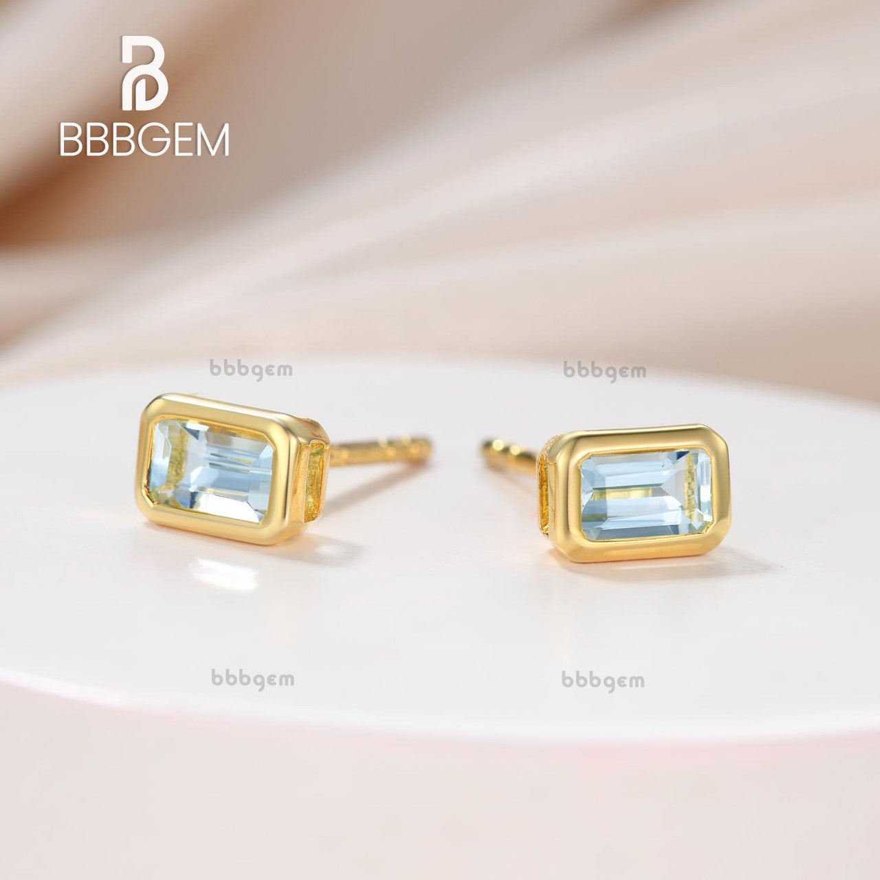 5x3mm Emerald Cut Aquamarine Bezel Set Stud Earrings - 14k Silver & Yellow Gold Plated Solitaire Earrings for Women | Perfect for Weddings, Parties & Everyday Elegance