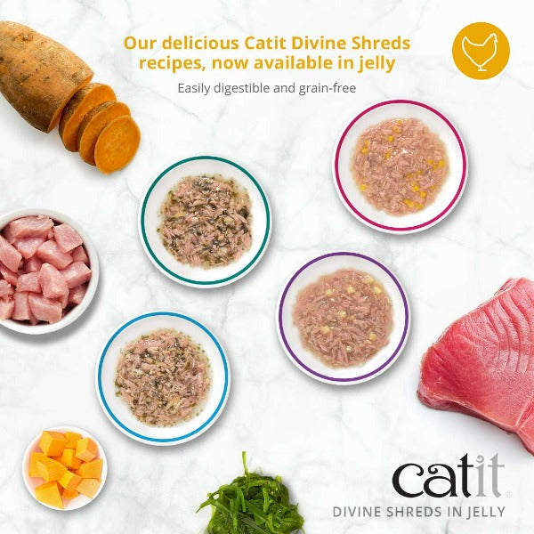 Premium Catit Divine Shreds Tuna with Seabream & Wakame in Jelly - Grain-Free Canned Cat Food Topper (4 Pack) - High Protein Wet Cat Food Supplement for Picky Eaters & Senior Cats - Perfect for Mealtime Topping or Mixing with Dry Food