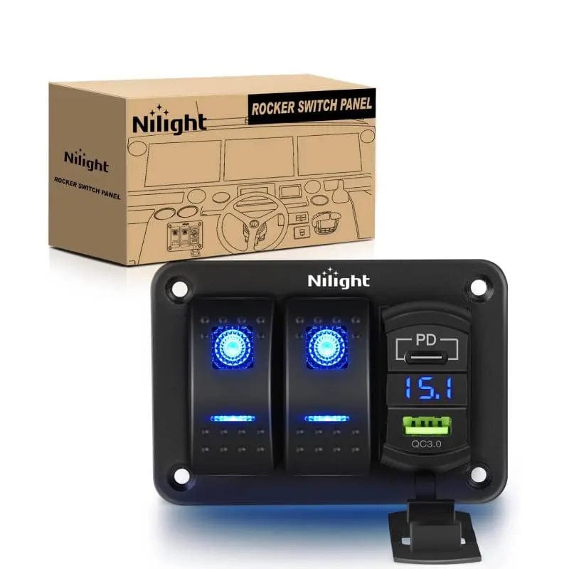 2 Gang Blue Rocker Switch Panel with PD Type C & USB Charger Voltmeter - Marine, RV, Truck, Boat, and Automotive Electrical Control Solution