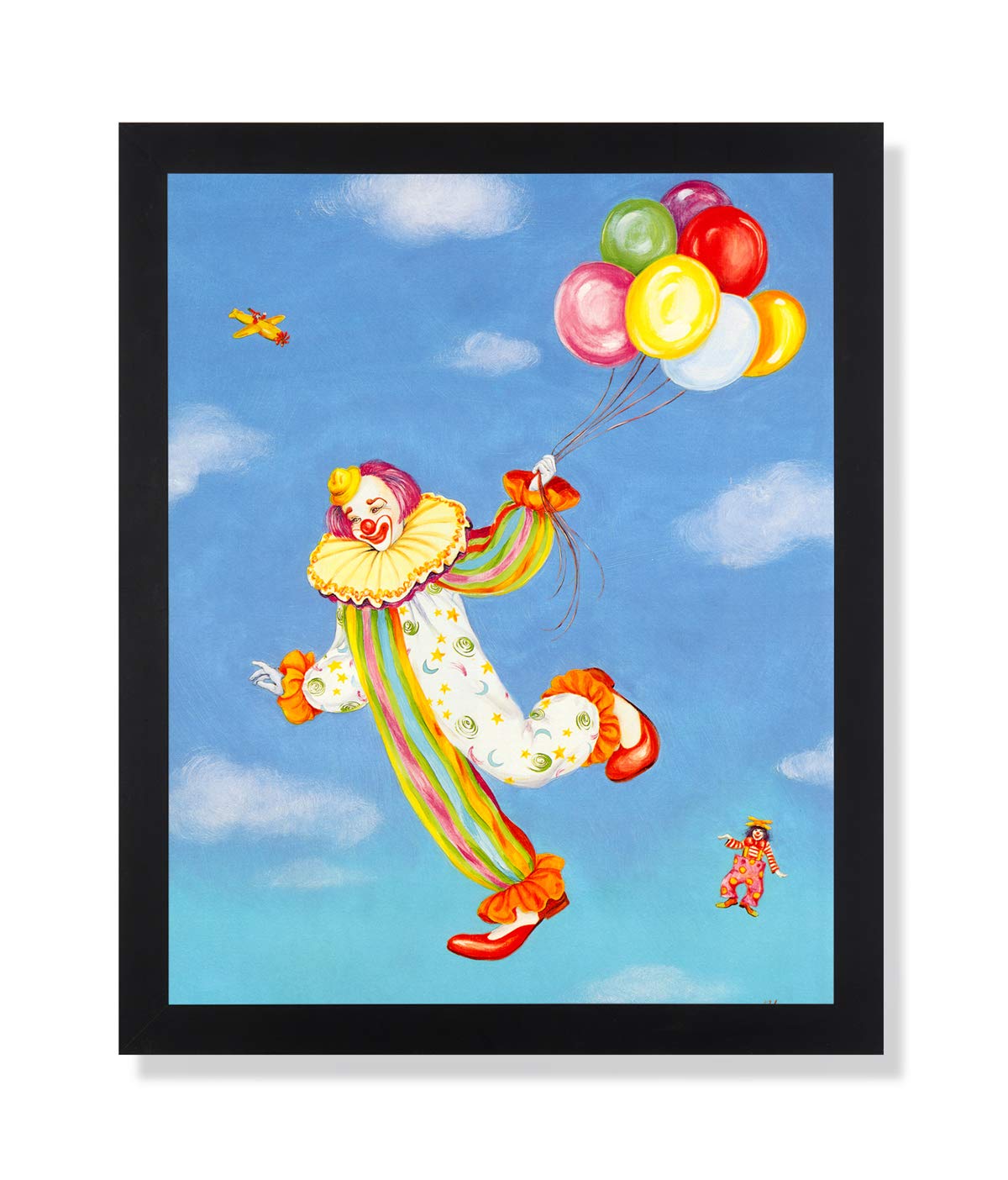 Clowns and Balloons Kids Room Decor - Black Framed Wall Art Print for Nursery, Playroom & Children's Bedroom