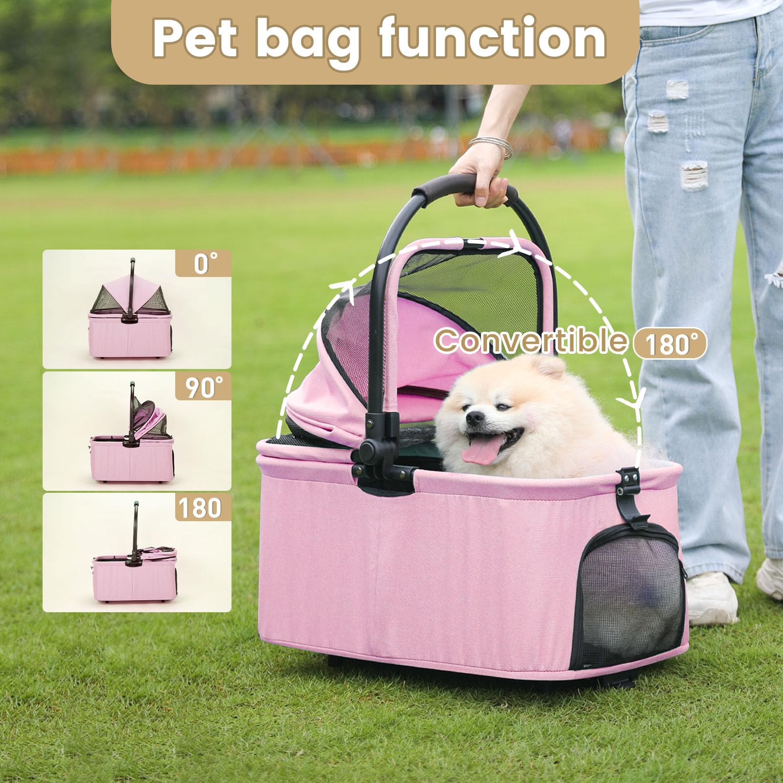 **Wedyvko 3-in-1 Dog Stroller for Medium Dogs – Upgraded Shock-Absorbing Frame, Zipperless Entry, Storage Basket & Pouch – Includes Dog Poop Bags & Dispenser – Perfect for Walks, Travel & Shopping (Pink)**