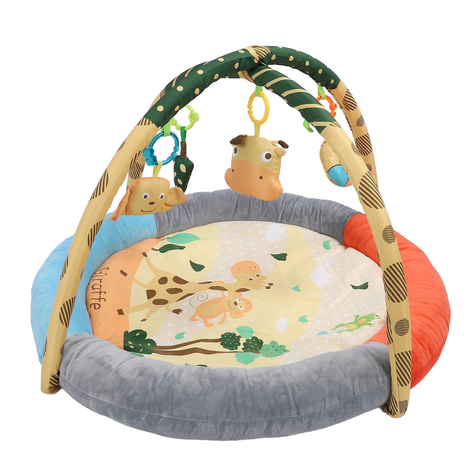 Soft Cotton Plush Baby Gym Mat with Breathable Round Design & Raised Edges - Tummy Time Activity Playmat with Hanging Toys for Infants 0-24 Months | Perfect for Crawling, Sensory Play & Early Development
