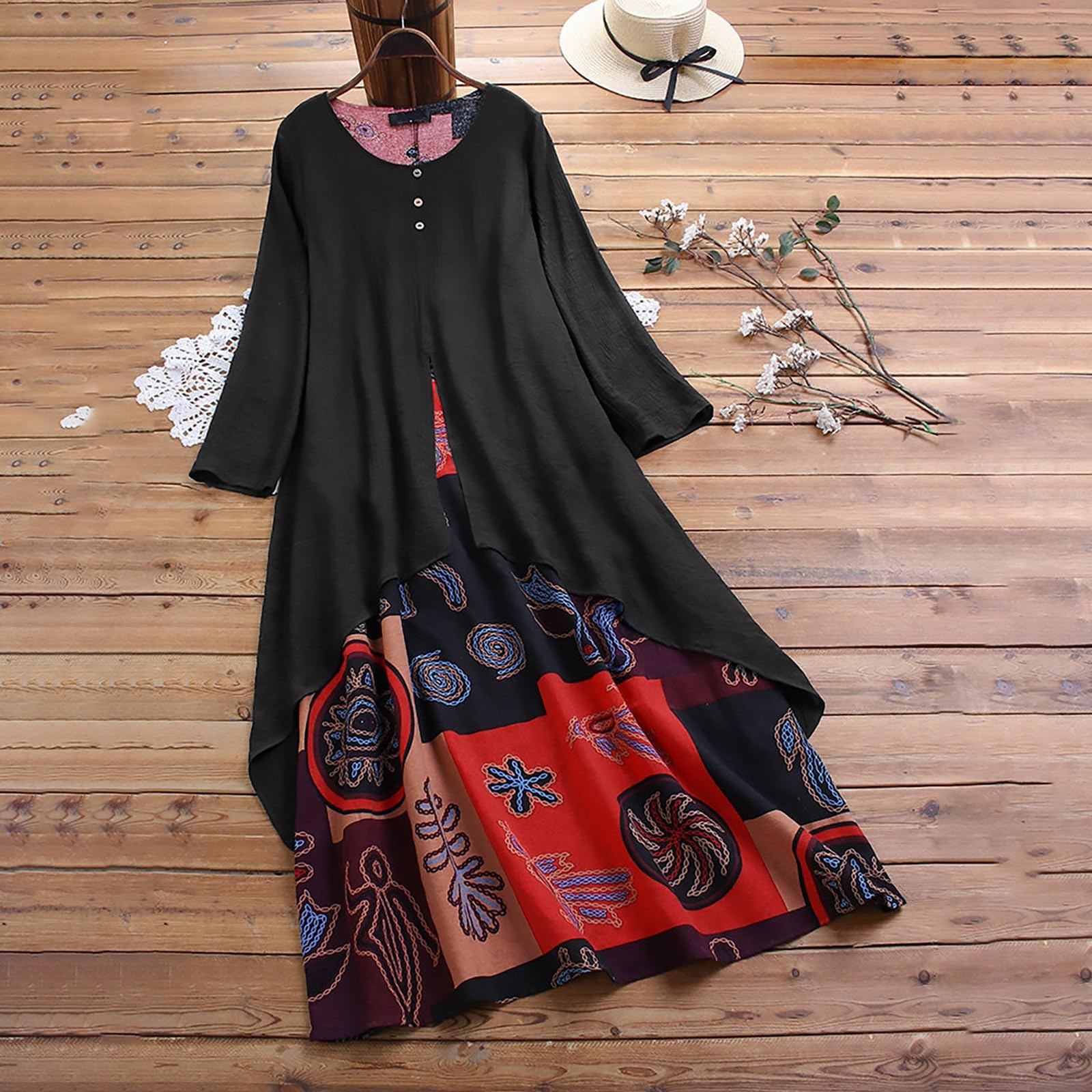 Boho Floral Maxi Linen Dress for Women - Crewneck Fake Two-Piece Sleeveless Summer Dress with Floral Print | Perfect for Beach Vacations, Music Festivals and Boho Chic Outfits