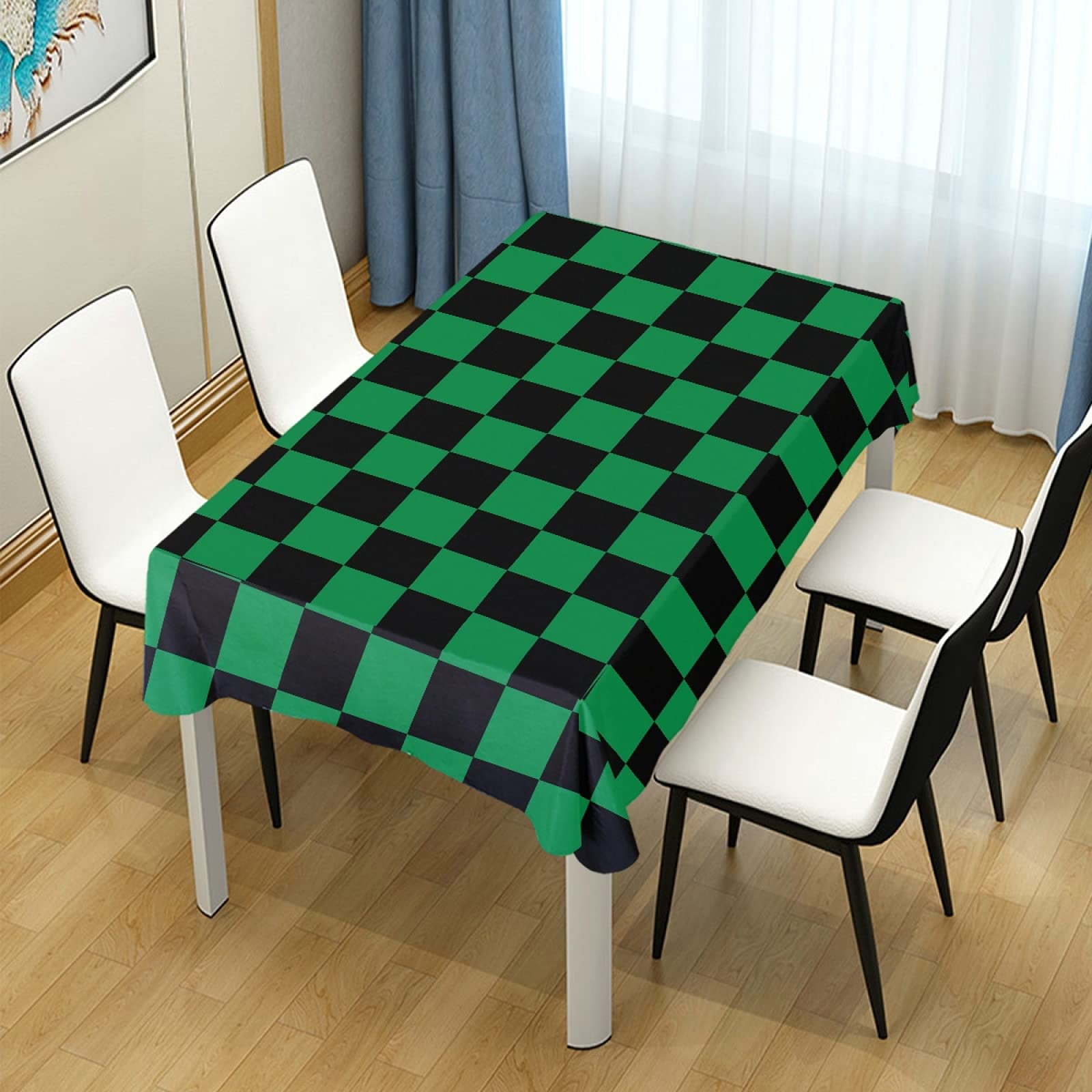 Green and Black Checkered Polyester Tablecloth 60x120 Inches - Rectangle Party Table Cover for Dinner, Picnic, BBQ & Holiday Decorations - Washable & Wrinkle-Resistant