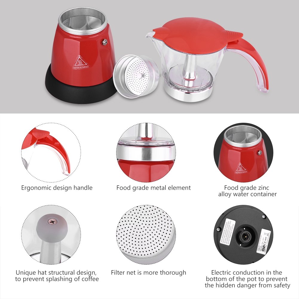 Premium Aluminum Alloy Electric Coffee Maker - 3-Cup Moka Pot for Espresso & Cappuccino | Fast Brewing for Home, Office & Camping Use (Red)
