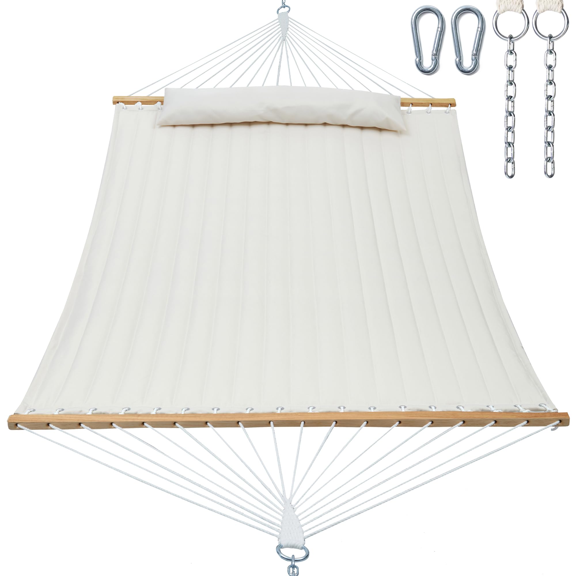 Double Quilted Fabric Hammock with Spreader Bar - 14ft 2-Person Outdoor Hammock for 12-14ft Stands, Includes Removable Pillow & Storage Bag, Heavy Duty Carabiners Supports 475lbs (Beige) - Perfect for Backyard Relaxation, Camping Trips & Beach Lounging
