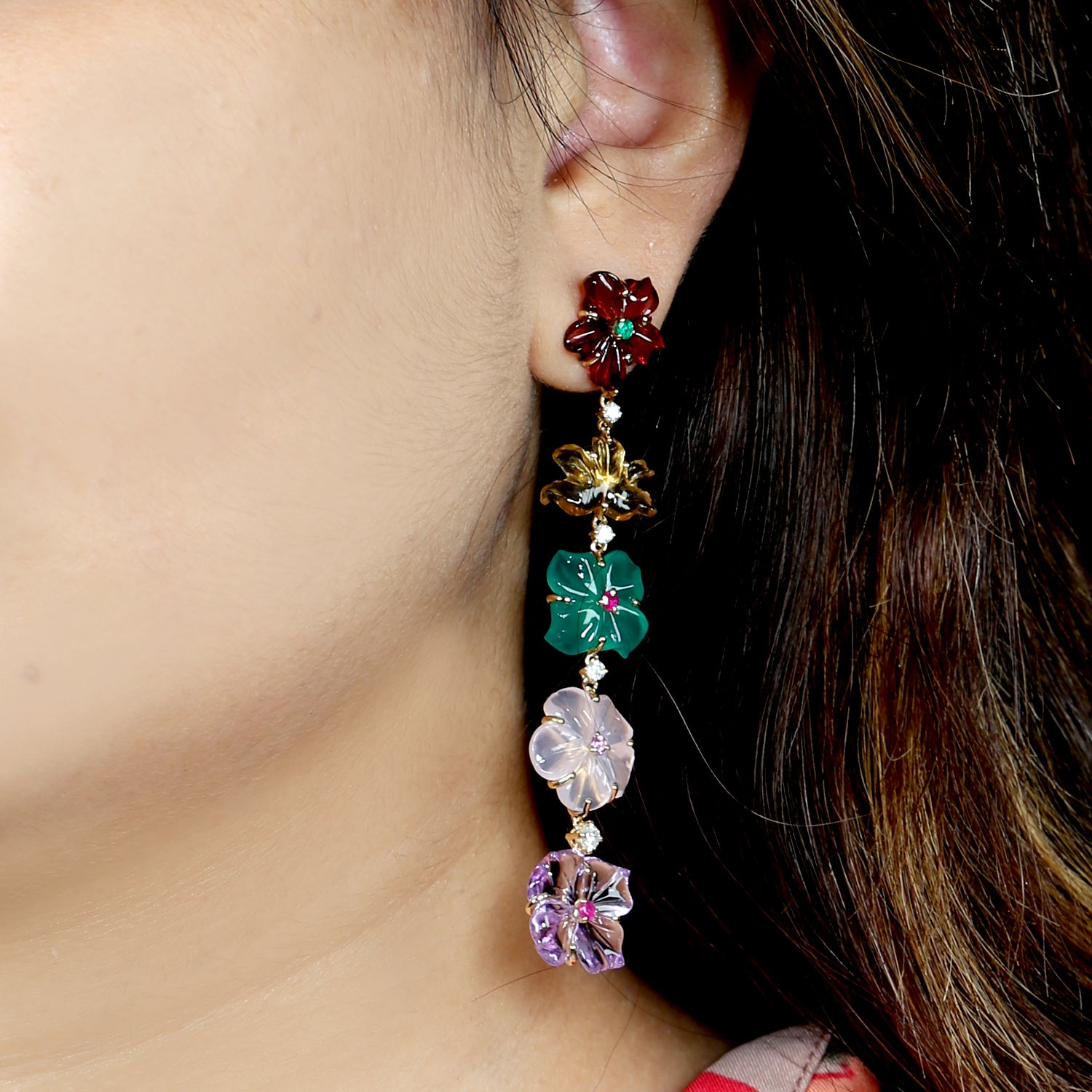 18K Yellow Gold Floral Carved Mixed Gemstone Dangle Earrings - Handmade Jewelry Gift for Women, Perfect for Weddings, Parties & Special Occasions