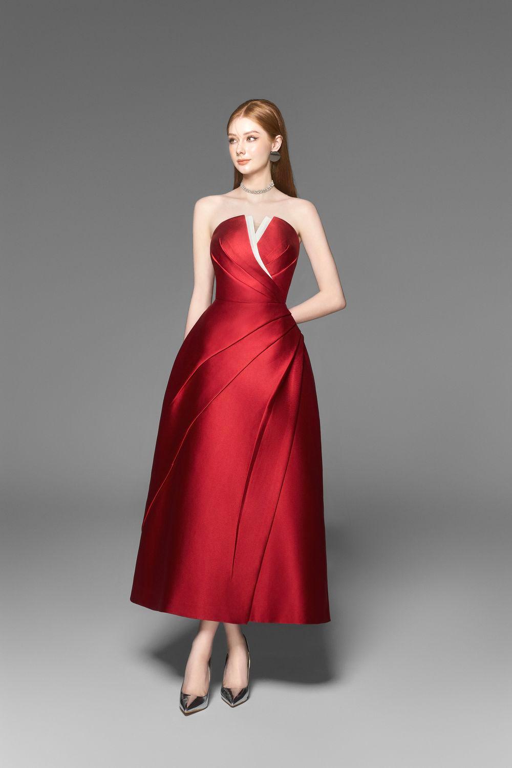 Elegant Strapless Pleated Taffeta Midi Dress for Women - Perfect for Weddings, Parties & Special Occasions