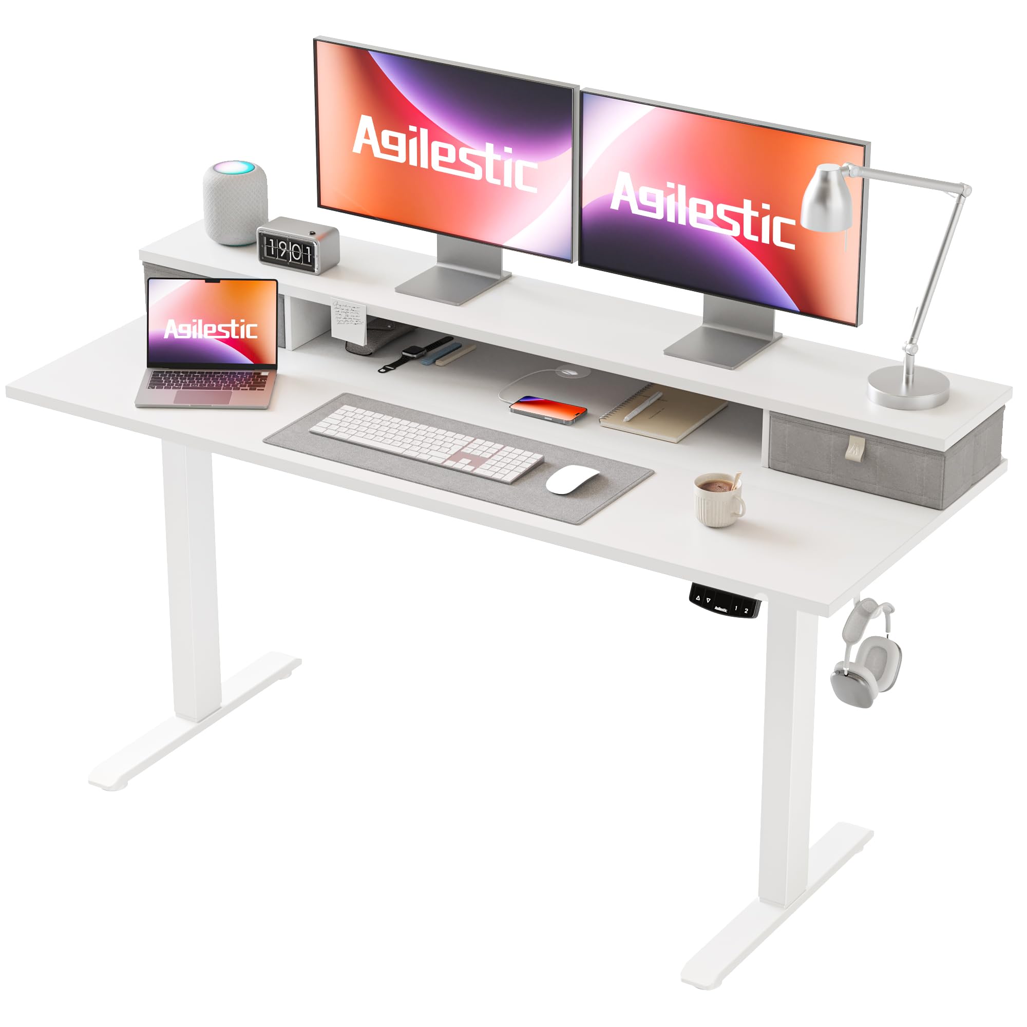 Agilestic 55 x 24 Inches Electric Height Adjustable Standing Desk with 2 Storage Drawers & Splice Board - White | Ergonomic Sit Stand Workstation for Home Office, Gaming & Study