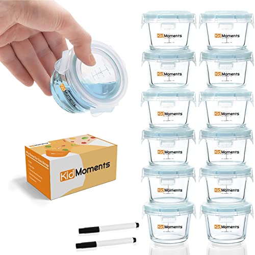 KidMoments Glass Baby Food Storage Jars 12-Pack - 5 oz BPA-Free Containers with Locking Lids, Measurement Markings & 2 Dry Erase Markers | Leakproof, Microwave & Dishwasher Safe, Reusable for Homemade Baby Food, Meal Prep & Leftovers Storage | Perfect for Daycare, Travel & Freezing Purees