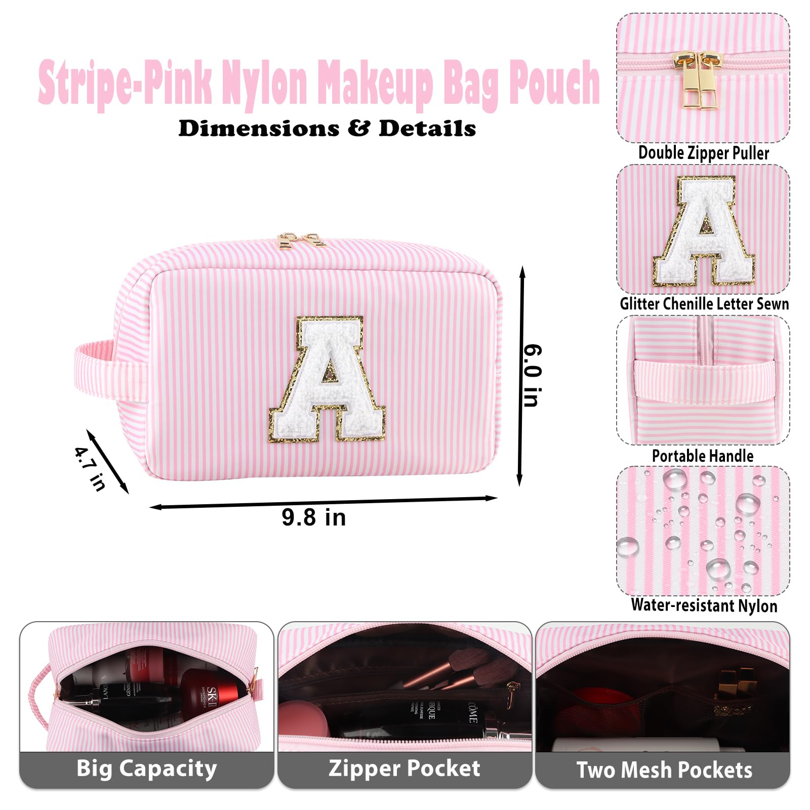 Glitter Chenille Makeup Bag for Women - Water-resistant Nylon Travel Cosmetic Pouch with Portable Design (Stripe Pink) - Perfect for Bathroom Storage, Travel Essentials & Daily Organizer