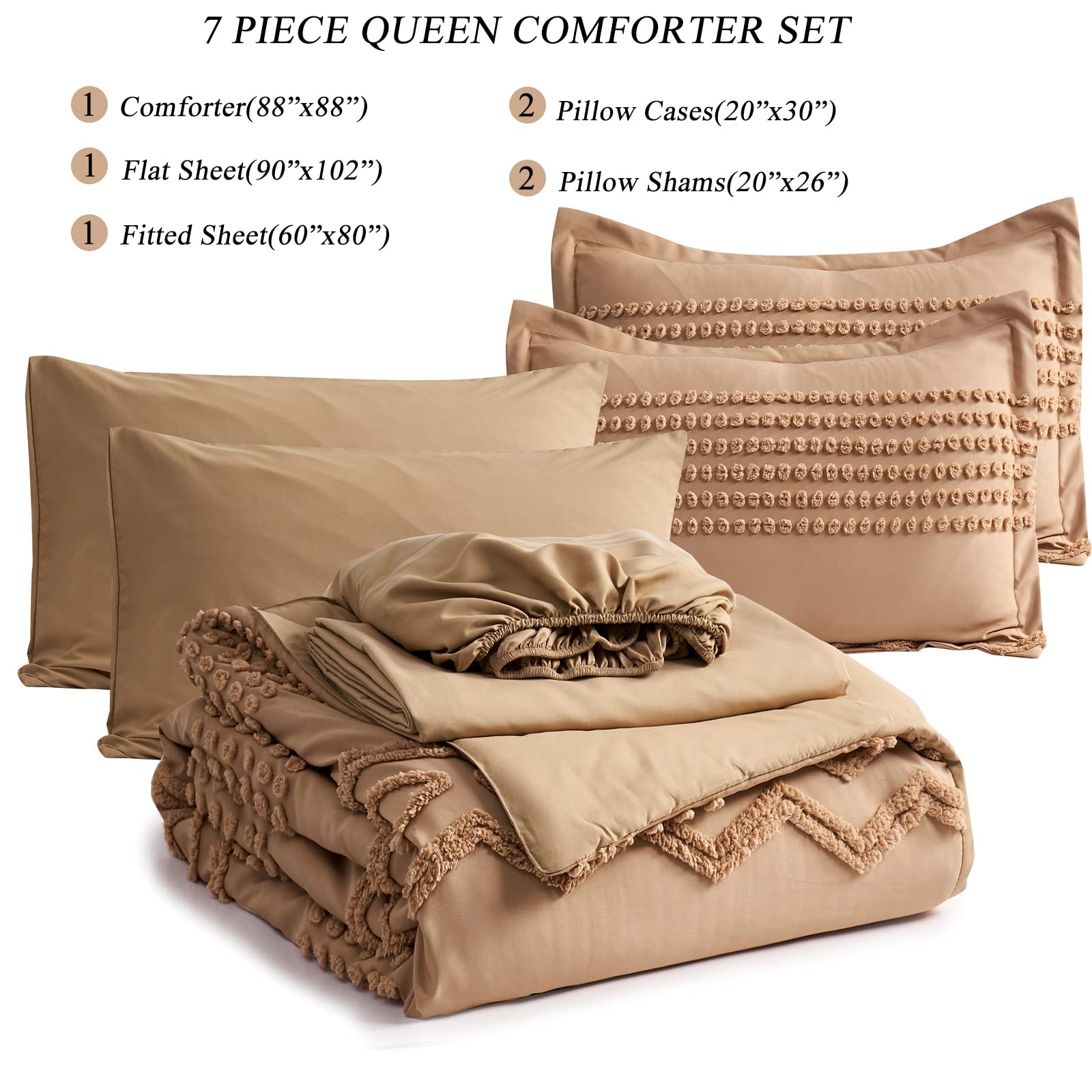 KAKIJUMN 7-Piece Queen Size Khaki Tufted Comforter Set - All Season Soft Microfiber Bedding with Shabby Chic Boho Design | Perfect for Master Bedroom, Guest Room & Dorm Decor (Khaki, Queen)