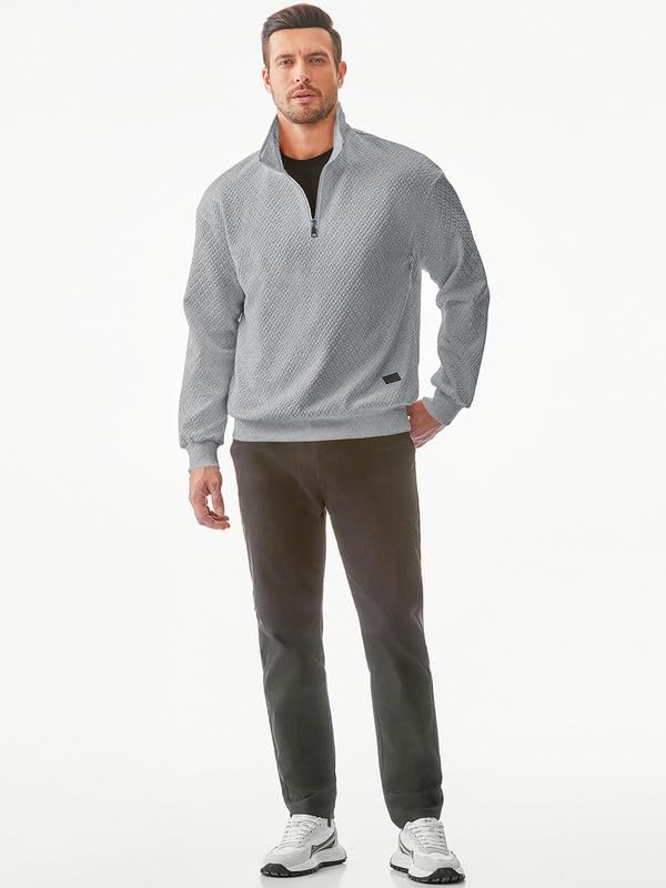 Men's Quarter Zip Sweatshirt - Casual Mock Neck Pullover Long Sleeve Geometric Texture Waffle Knit Top | Perfect for Work, Gym & Outdoor Activities