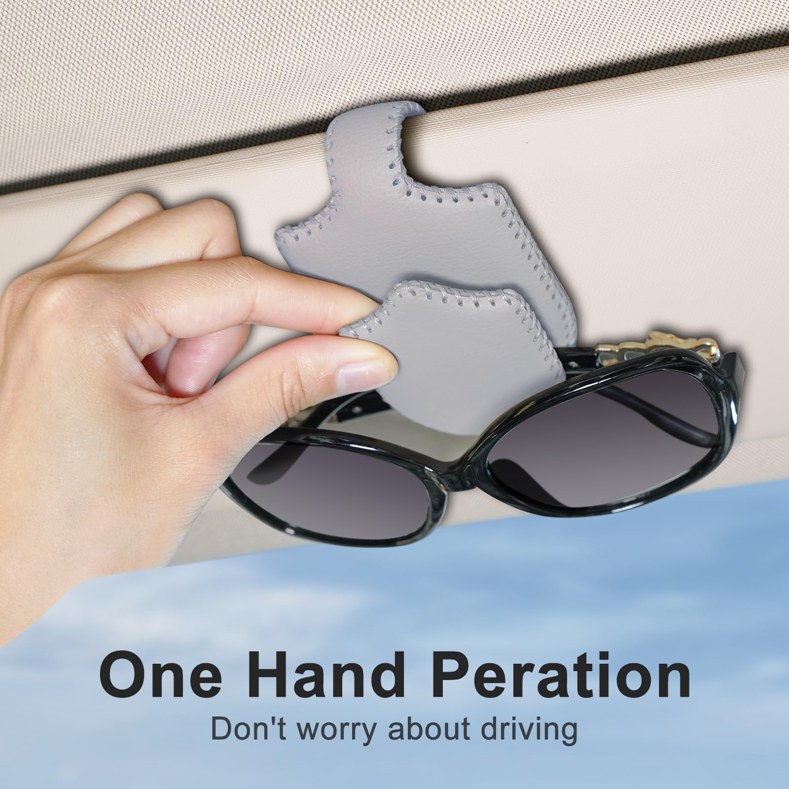 Premium Leather Car Sunglass Holder & Visor Clip - Universal Magnetic Eyeglass Organizer with Ticket Card Slot (Gray) | Perfect for Road Trips & Daily Commutes