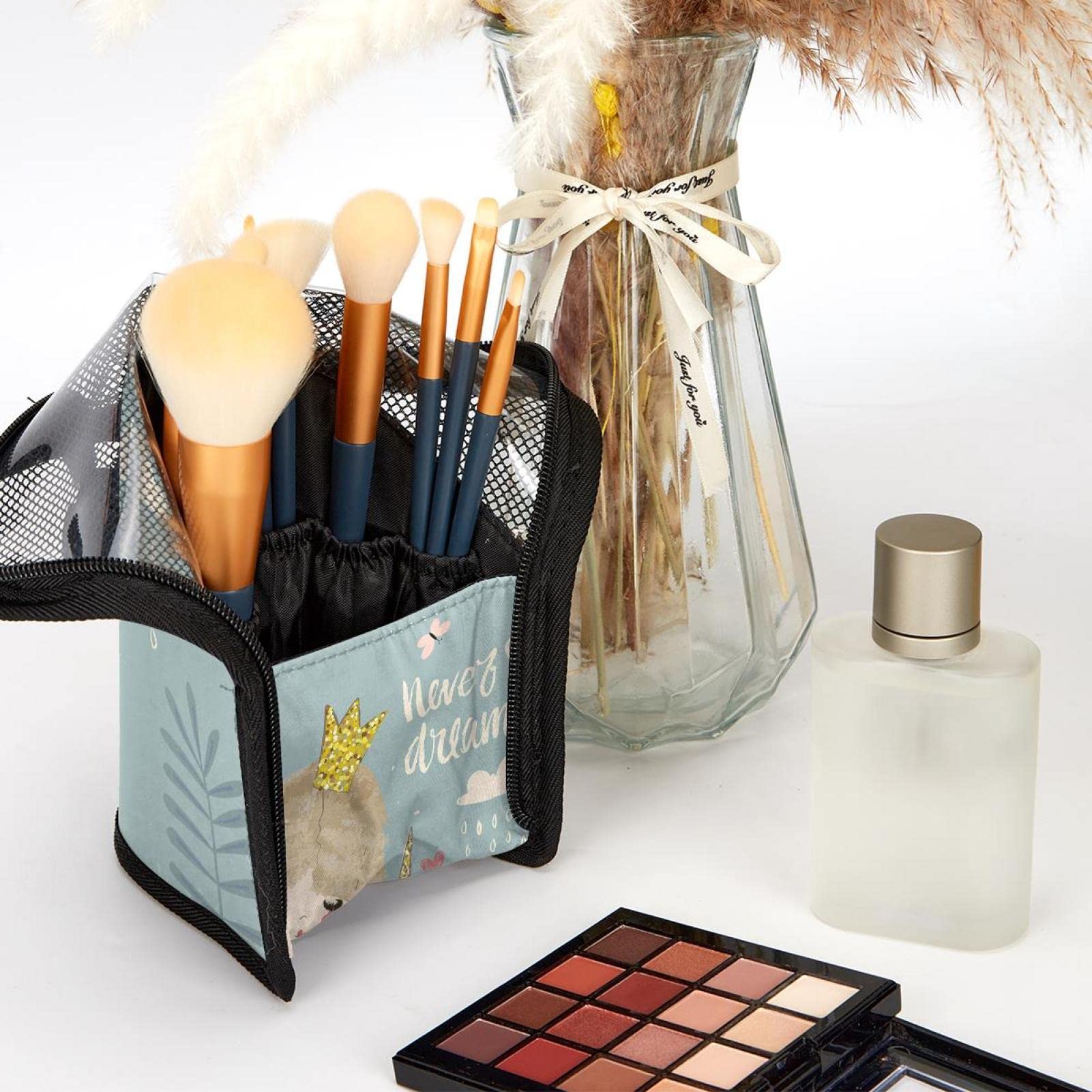 Portable Makeup Brush Organizer Bag with 12 Slots - Cute Unicorn & Little Girl Design - Travel Cosmetic Brush Holder Case for Makeup Artists & Kids (Perfect for Travel, Home Storage & Birthday Gifts)