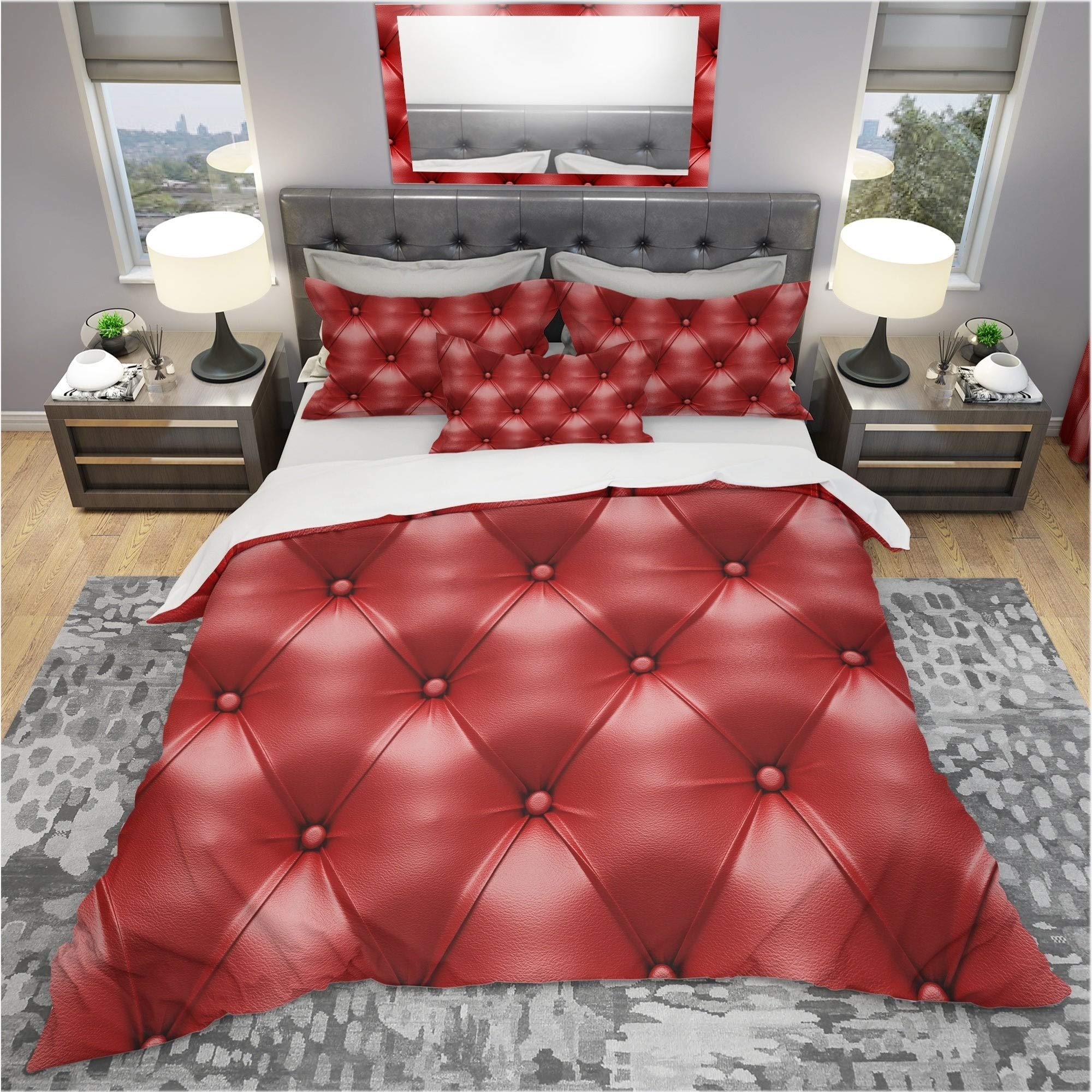 Luxury Classic Red Leather Modern Bedding Set - King Size Duvet Cover & 2 Shams | Contemporary Home Decor for Master Bedroom | Premium Faux Leather Quilt Cover Set for Upscale Bedroom Design