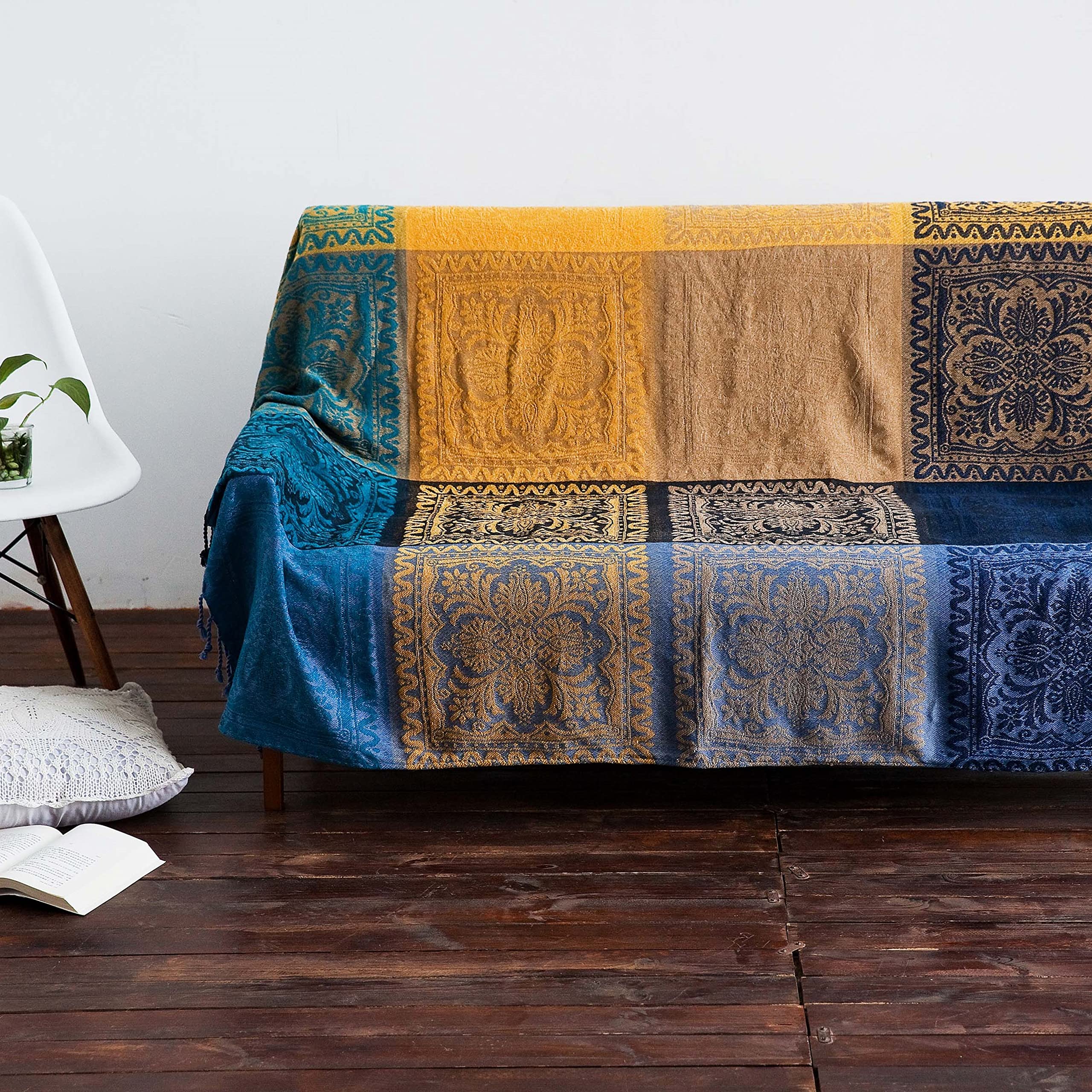 Bohemian Chenille Throw Blanket 60x75 - Soft Recliner & Sofa Cover, Native American Style Boho Decor in Blue Navy Yellow - Perfect for Living Room, Bedroom & Cozy Home Decor