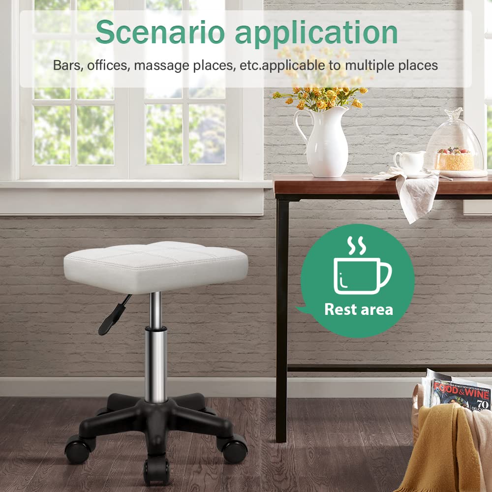 FURWOO Adjustable Height Rolling Stool with Wheels - Swivel Stool Chair for Spa, Salon, Massage - White | Perfect for Hairdressers, Makeup Artists & Beauty Professionals