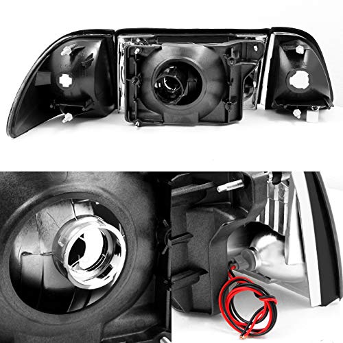 AKKON Black Headlights with Corner & Signal Lights + LED Taillights Complete Set for 1987-1993 Ford Mustang - Upgrade Your Ride for Night Driving & Car Shows