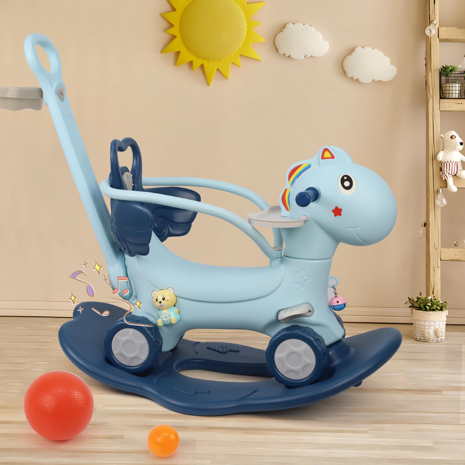 **4-in-1 Rocking Horse & Balance Bike for Toddlers 1-3 Years Old – Push Handle, Backrest & Balance Board – Unicorn Ride-On Toy for Boys & Girls – Perfect for Indoor Play, Birthday Gifts & Early Learning (Blue)**