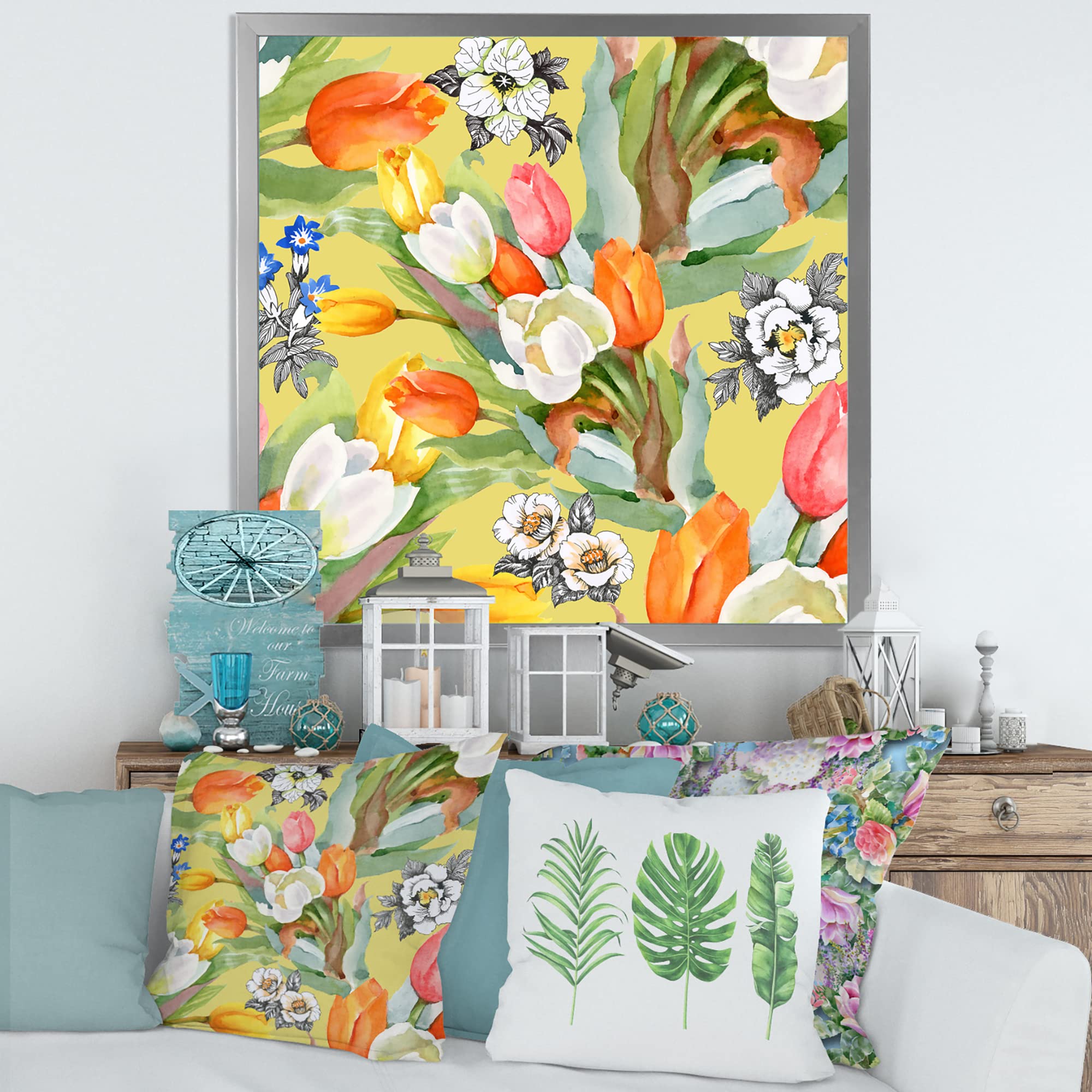 Blooming White and Orange Tulips - Traditional Framed Wall Art for Home Decor | Floral Canvas Painting for Living Room, Bedroom & Office