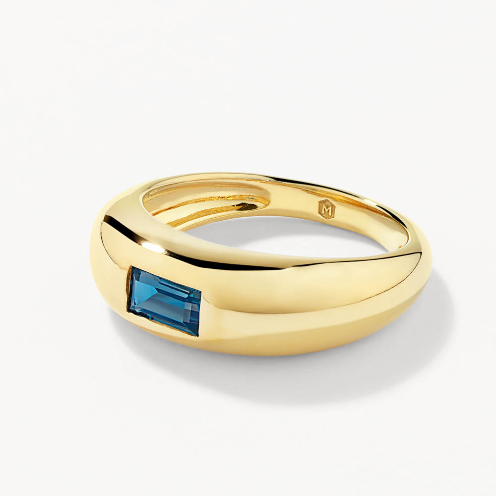 Exquisite Blue Topaz Baguette Curve Pinky Ring in 14K Gold - Elegant Stackable Jewelry for Women's Everyday Wear & Special Occasions