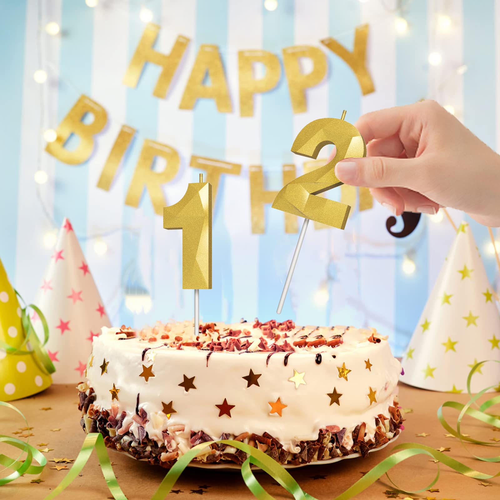 3D Diamond Shape Gold Number Birthday Candles (2-Pack) - Elegant Cake Toppers for Birthday Parties, Weddings, Reunions & Theme Celebrations - Perfect for Cake Decorating and Special Occasions