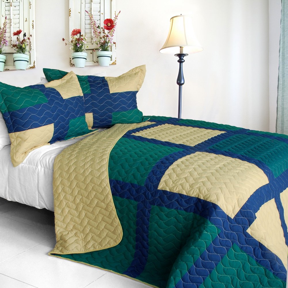 3PC Vermicelli-Quilted Patchwork Quilt Set Full/Queen Size - Lightweight Travel Bedding for Hotels, Camping & Guest Rooms