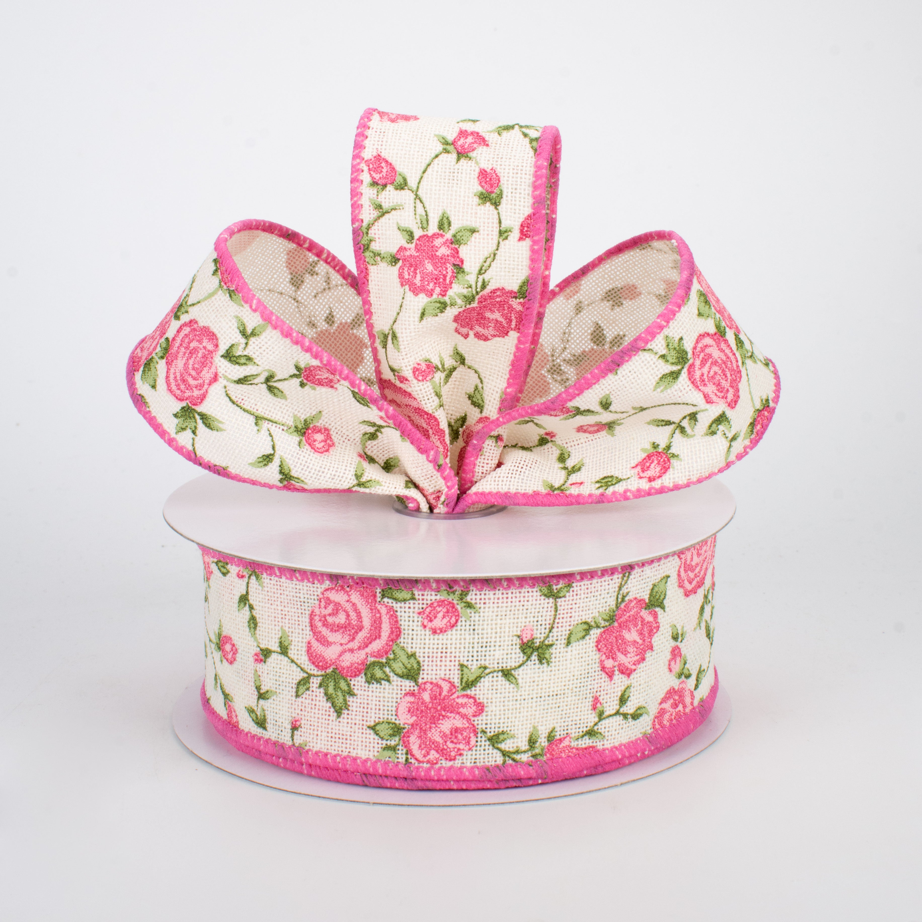 1.5 Inch Pink Chintz Ribbon with Ivory Trim - 10 Yards Bulk Roll for Gift Wrapping, Wedding Decorations & DIY Crafts