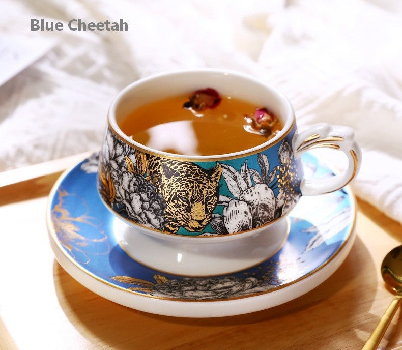 Jungle Tiger Cheetah Porcelain Tea Cups Set with Gold Trim - Creative Ceramic Coffee Cups & Saucers - Unique Gift Box - Perfect for Afternoon Tea, Home Decor, and Housewarming Gifts