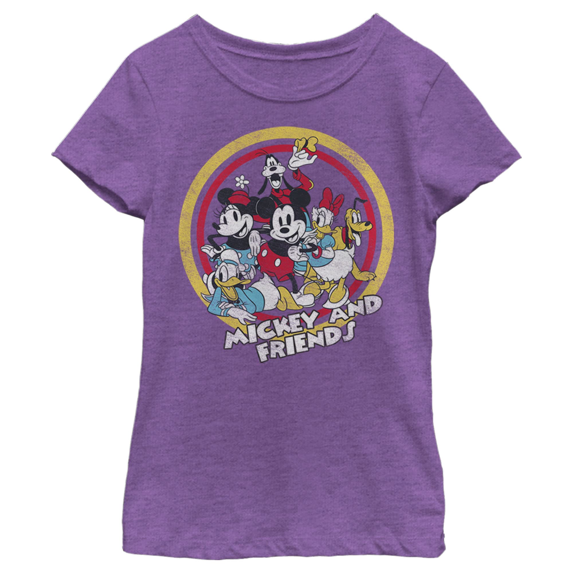 Disney Characters Circle of Friends Graphic Heather Crew Neck T-Shirt for Girls - Soft Cotton Casual Tee for School, Playdates & Everyday Wear
