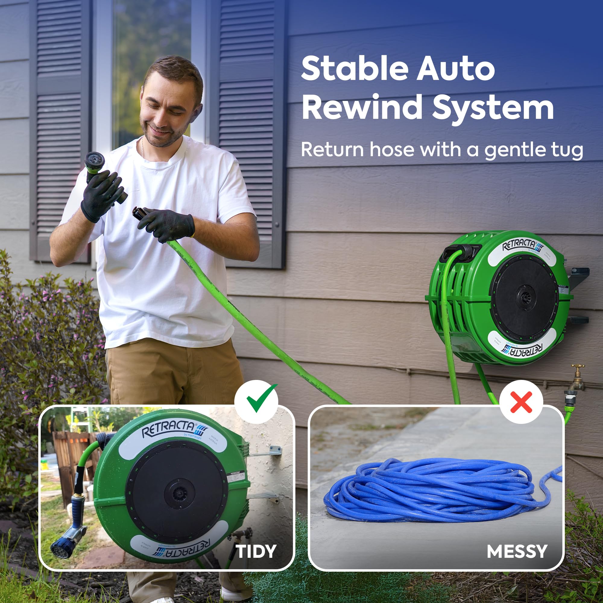 Macnaught 60 Ft Heavy Duty Retractable Garden Hose Reel with 180° Metal Swivel Bracket - Wall Mount Water Hose for Lawn, Garden & Outdoor Cleaning (Green)