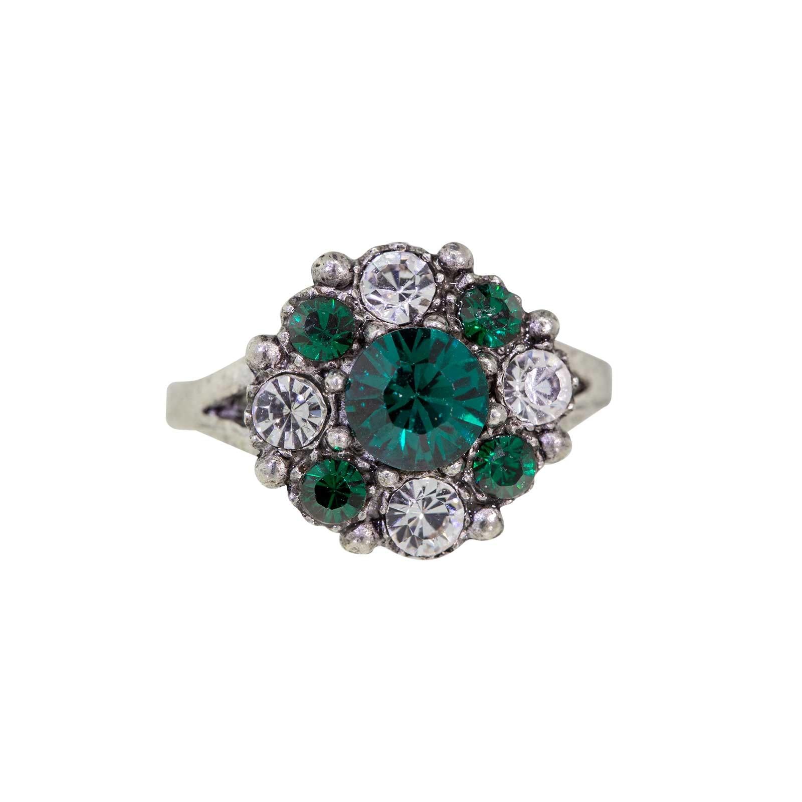 1928 Jewelry Pewter Dark Green & Clear Crystal Ring - Size 7 Vintage Style for Women, Perfect for Parties, Weddings & Everyday Elegance