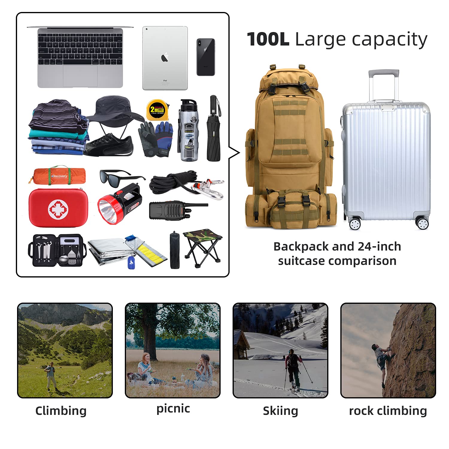 100L Tactical Backpack for Camping & Hiking - Military Molle Rucksack with Waterproof & Lightweight Design (Khaki) - Perfect for Outdoor Adventures, Travel & Survival Gear