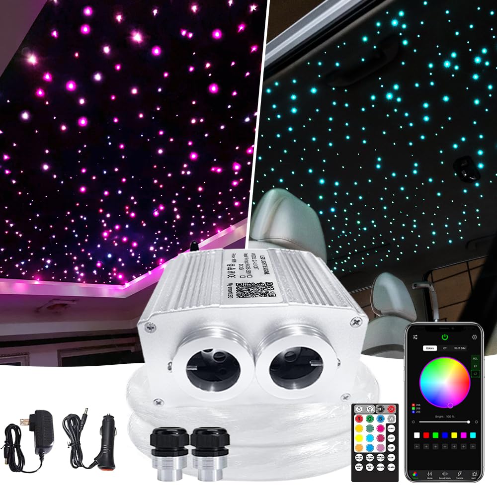 16W Dual Head Twinkle Fiber Optic Lights Kit - Bluetooth RGBW LED Starlight Headliner for Car & Home Ceiling, 920pcs 0.03in 9.8ft/3m with APP/Remote Music Sync - Perfect for Bedroom, Party, Theater & Romantic Ambiance Lighting