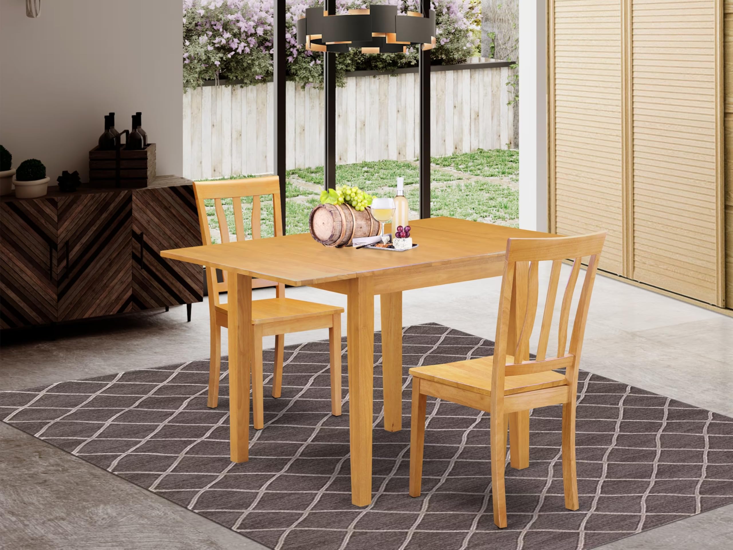 East West Furniture NDAN3-OAK-W 3-Piece Oak Dining Set with Drop-Leaf Table & 2 Wood Chairs (30x48 Inch) - Perfect for Small Spaces, Breakfast Nooks & Cozy Apartments