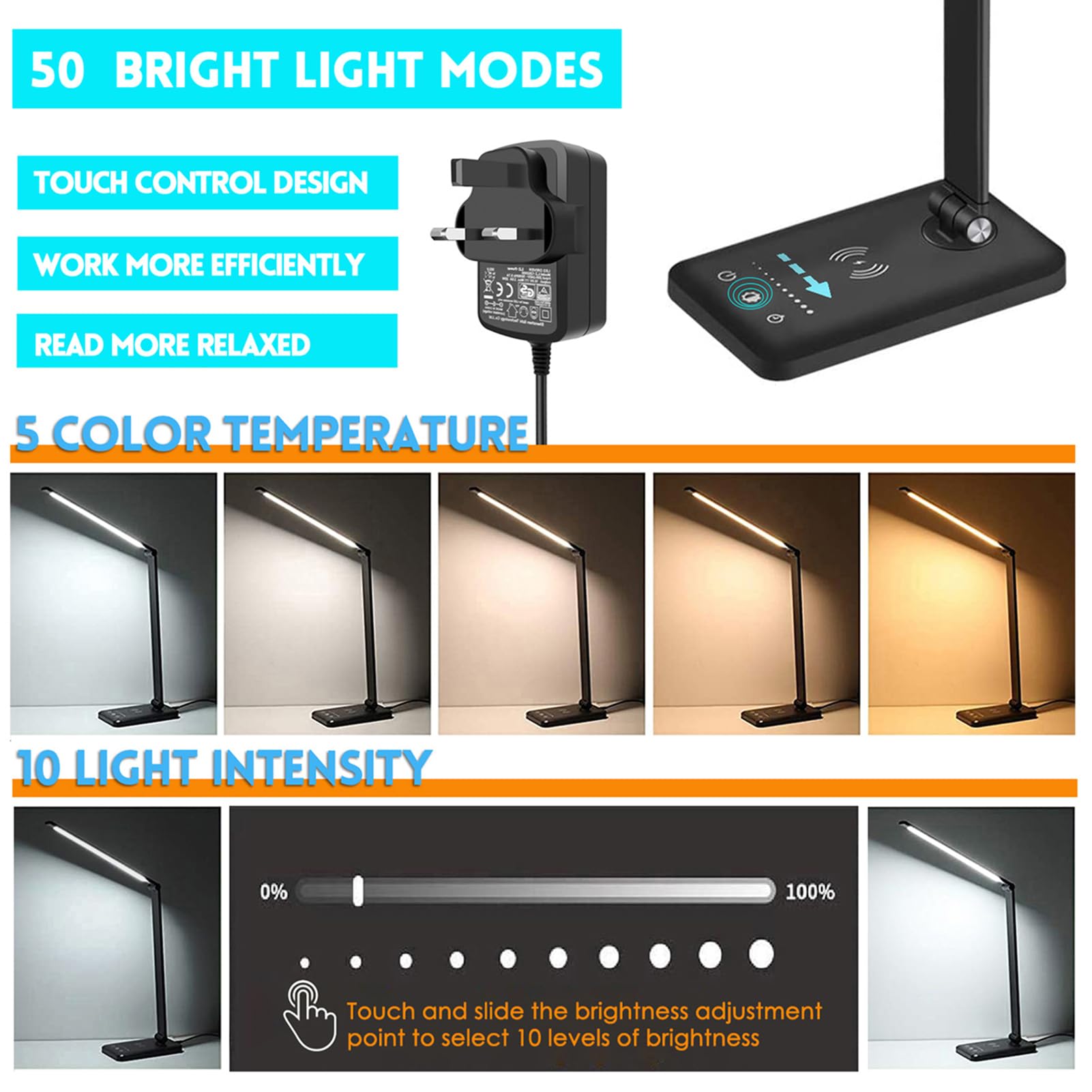 BIENSER LED Desk Lamp with Wireless Charger & USB Port - 10 Brightness Levels, 5 Color Modes, Dimmable Eye-Caring Light - Touch Control & Auto Timer (30/60min) - Perfect for Home Office, Study, Reading, and Nightstand Use