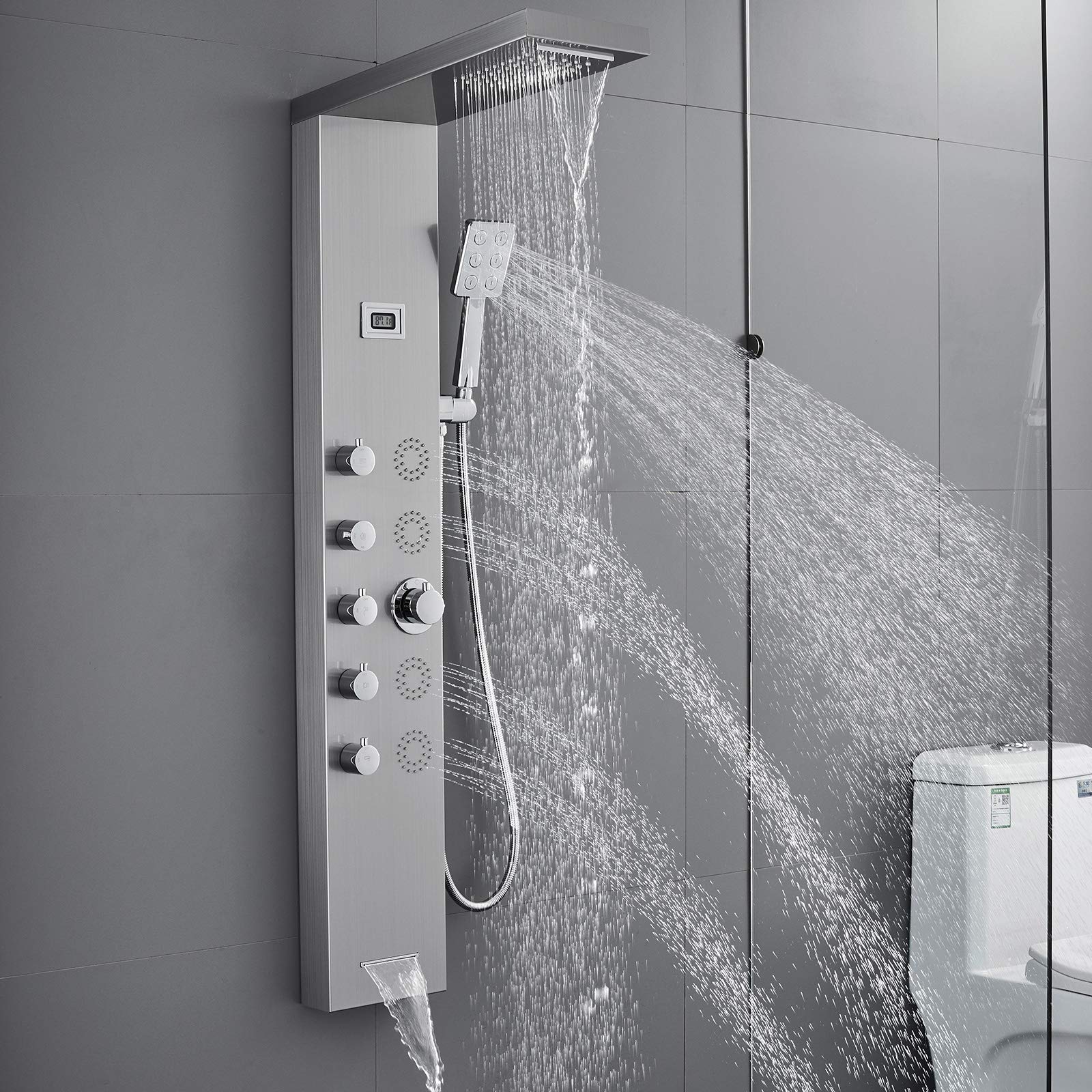 **MENATT 5-in-1 Shower Panel Tower System - SUS304 Stainless Steel with 4 Body Massage Jets, Rainfall & Waterfall Shower Head, Handheld Shower & Bathtub Spout - Perfect for Spa-Like Bathroom Upgrades & Luxury Shower Experience**
