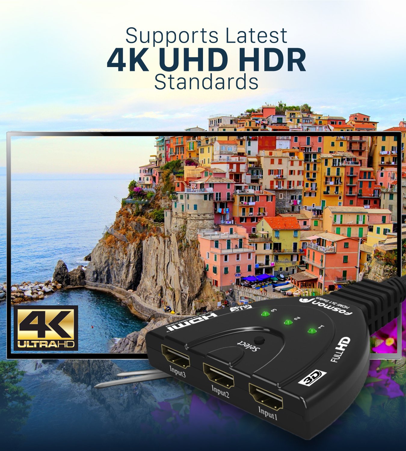 Fosmon 4K HDMI Switch 3 Port with Pigtail Cable - Supports 4K Ultra HD, HDCP, 30Hz - Compatible with HDTV, PS5, Xbox, Fire Stick - Perfect for Home Theater & Gaming Setup