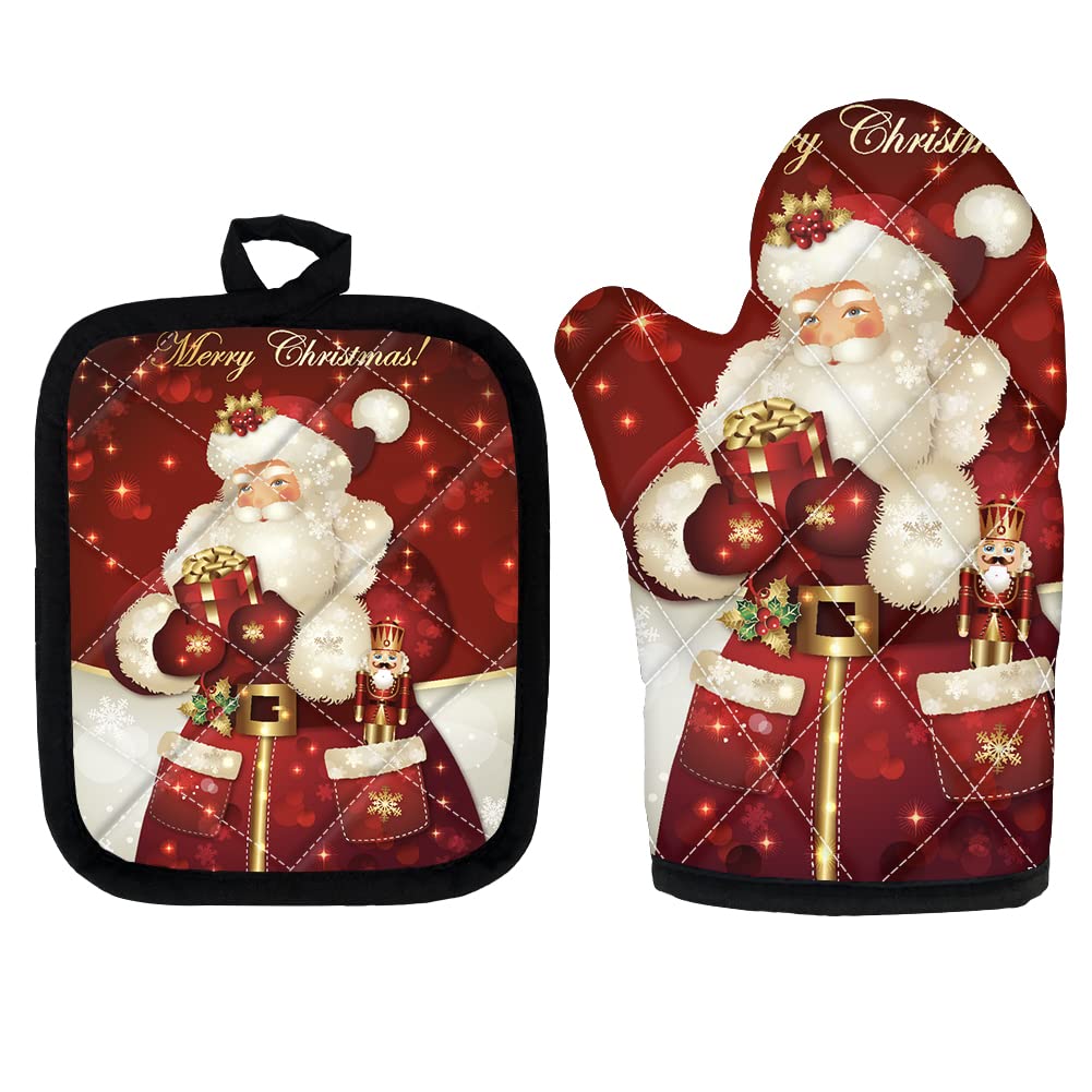 FKELYI Red Santa Claus Print Christmas Oven Mitts & Pot Holders Set - Heat Resistant, Non-Slip Kitchen Gloves for Cooking, Baking, BBQ & Grilling (2-Piece) - Perfect Holiday Gift for Home Chefs & Christmas Decor