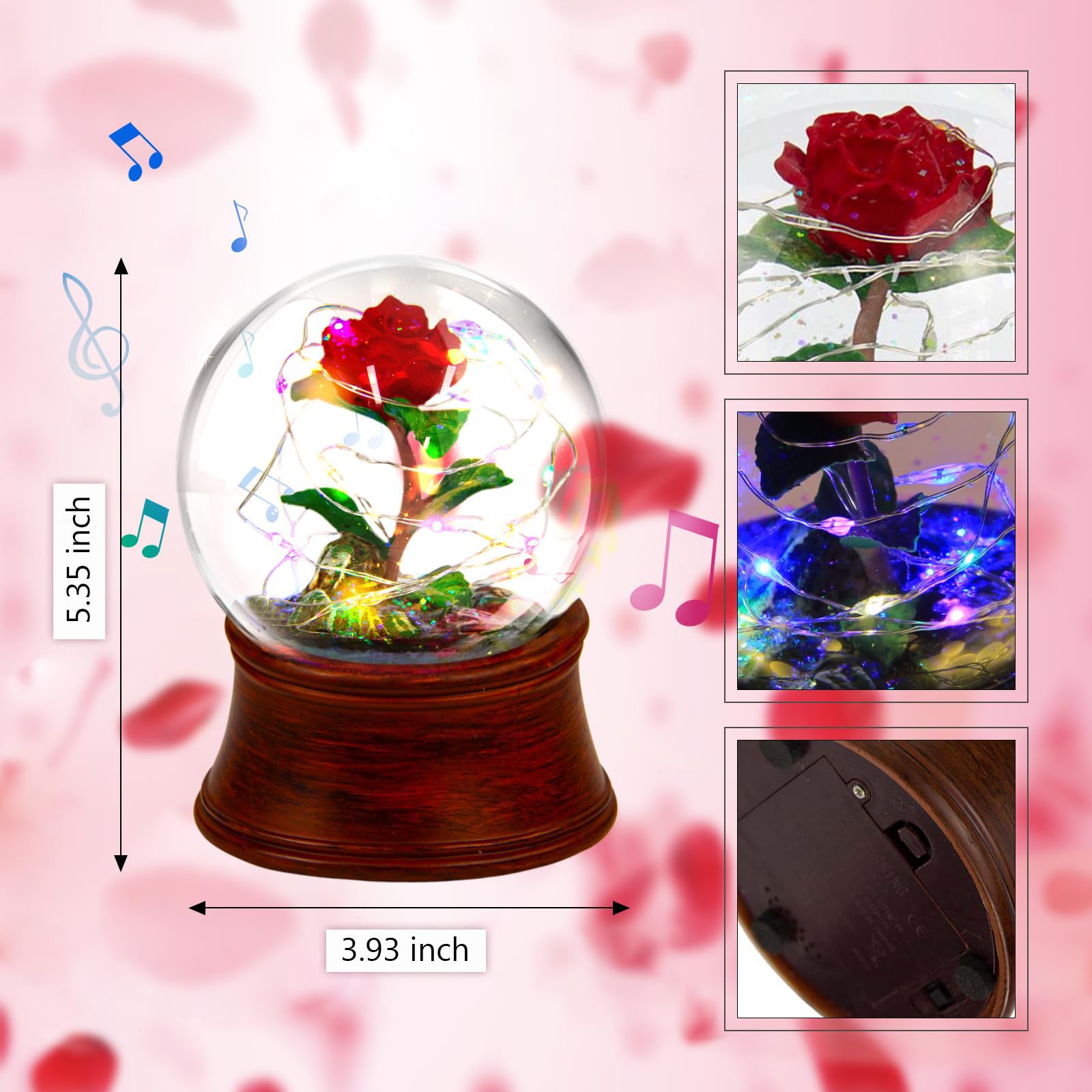 LED Light Up Rose Snow Globe Music Box with Preserved Red Flower - Romantic Water Globe Gift for Women, Girls (Mother's Day, Anniversary, Christmas) - Perfect for Bedroom Decor, Wedding Centerpiece & Valentine's Day Surprise