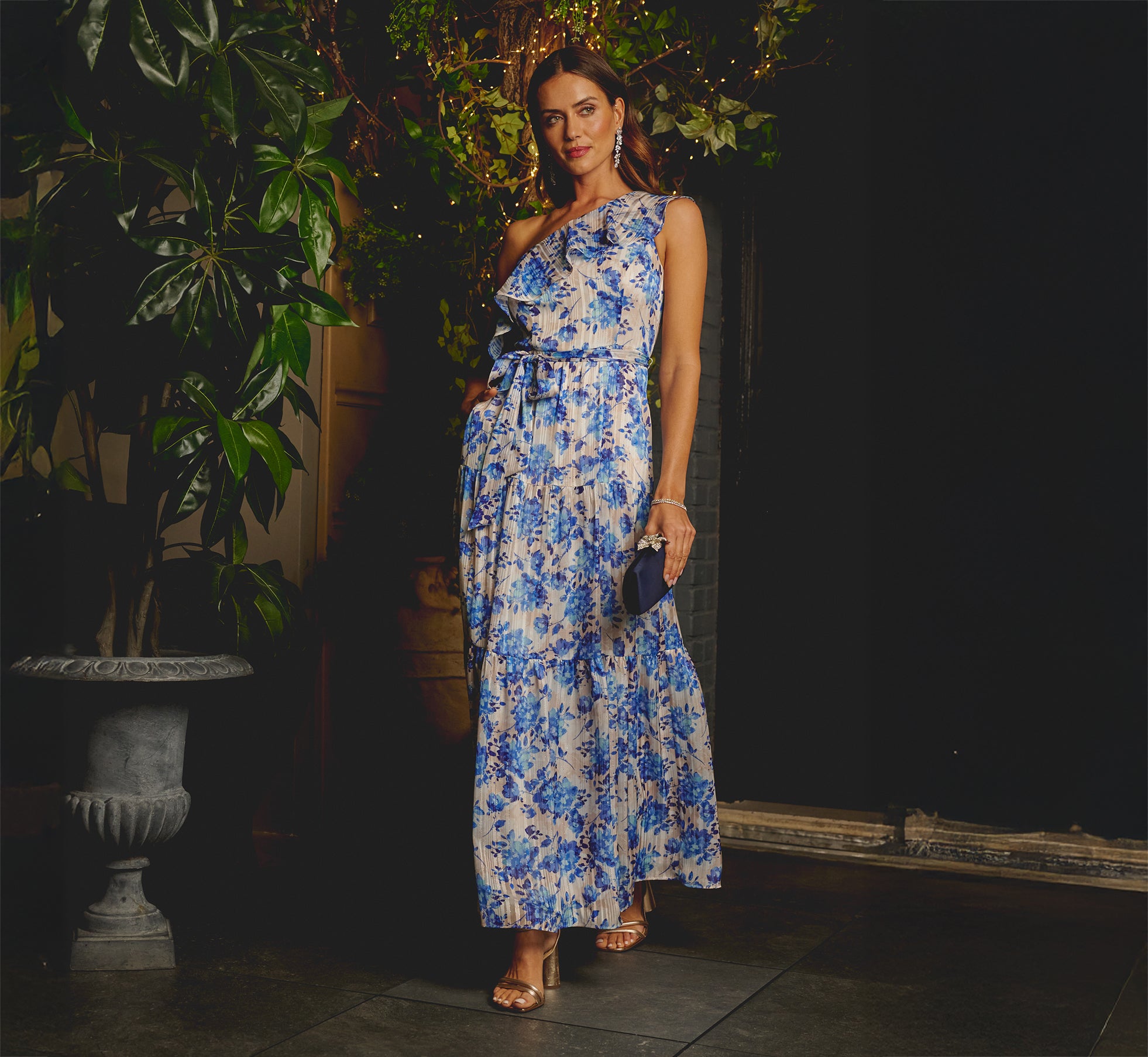 Elegant One Shoulder Metallic Stripe Floral Maxi Dress in Champagne & Blue - Perfect for Beach Weddings, Summer Parties & Evening Events